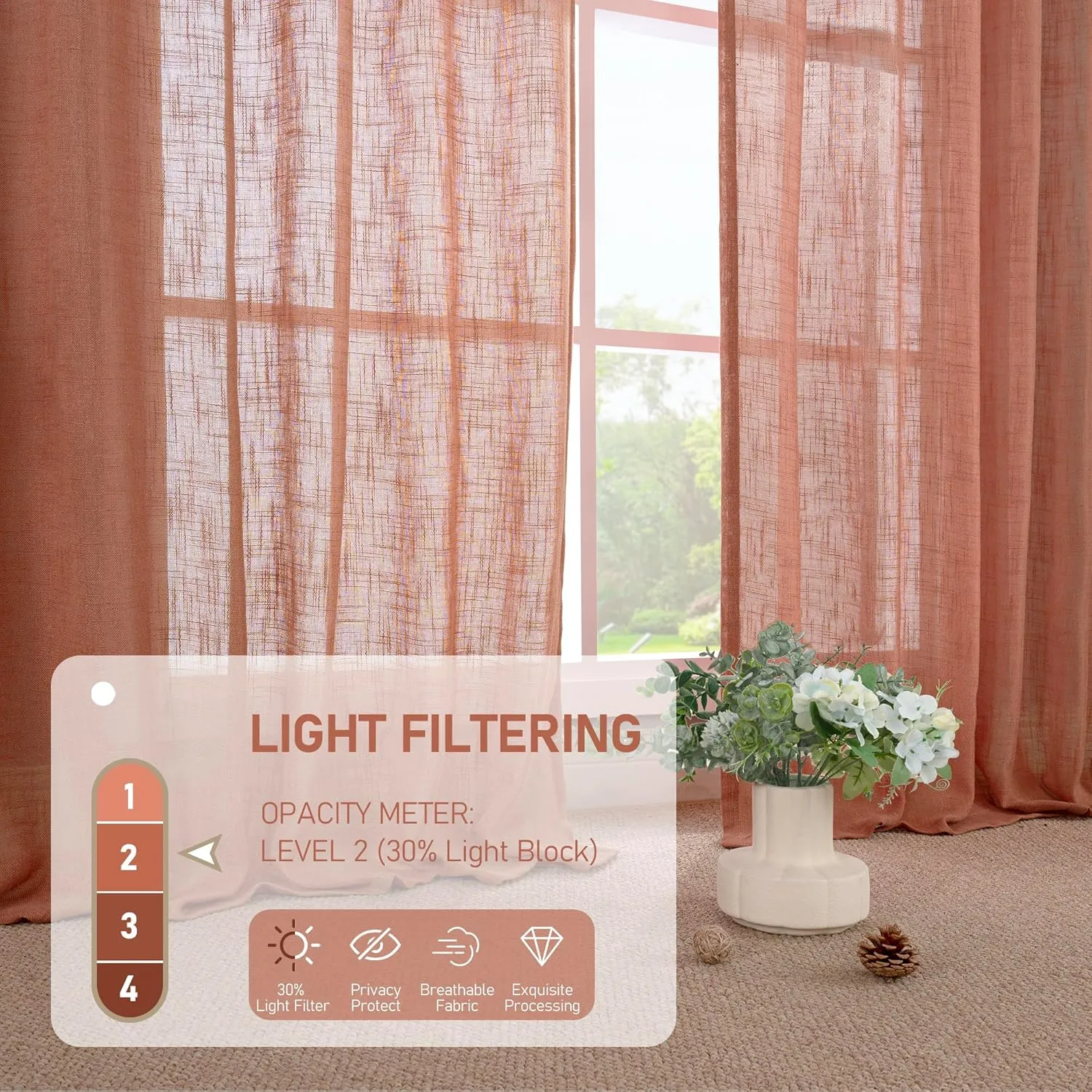 LAMIT Terracotta Linen Curtains 63 Inch for Bedroom, Light Filtering Neutral Semi Sheer Window Boho Curtains Back Tab and Rod Pocket Panels for Living Room, 2 Panels, 52 x 63 Inch