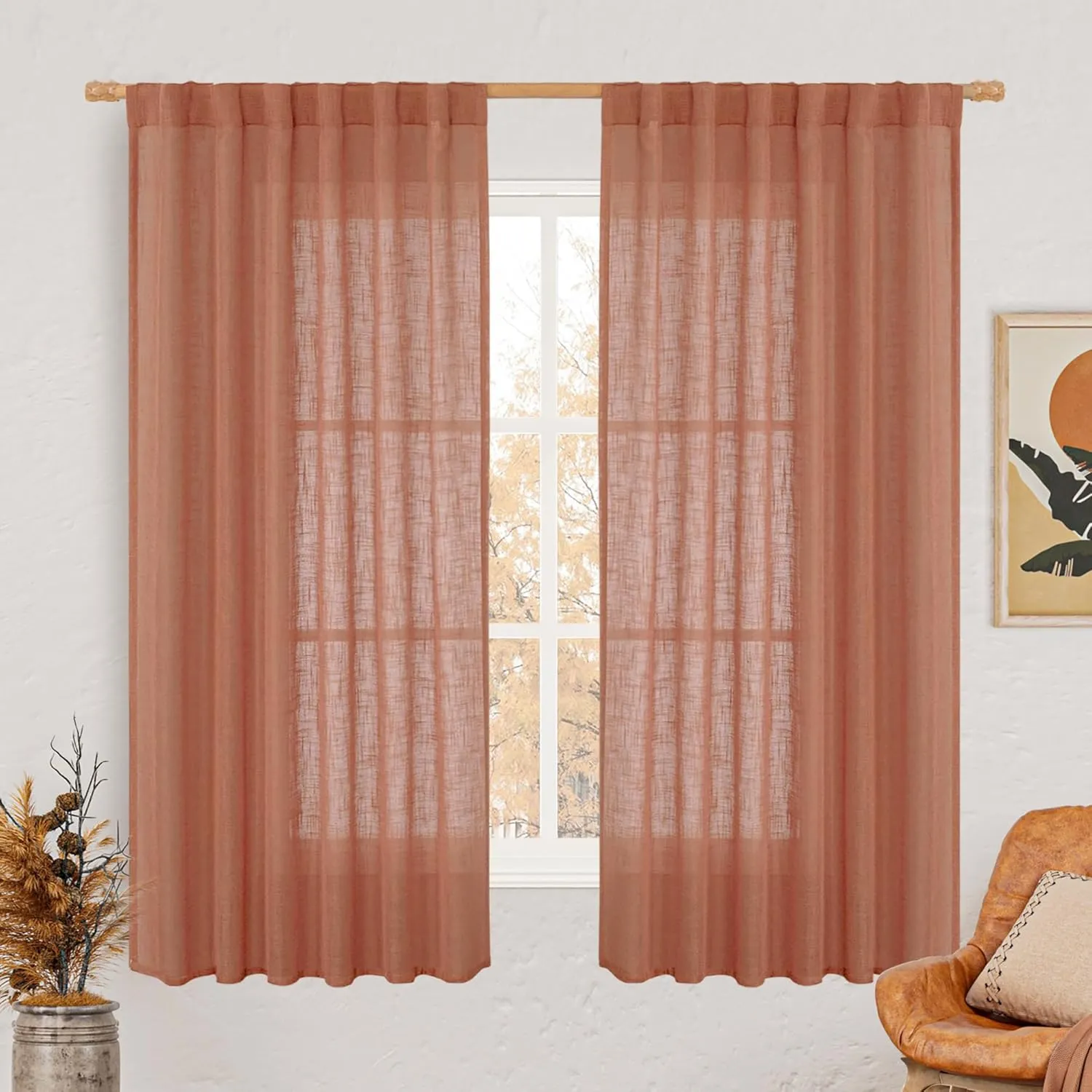 LAMIT Terracotta Linen Curtains 63 Inch for Bedroom, Light Filtering Neutral Semi Sheer Window Boho Curtains Back Tab and Rod Pocket Panels for Living Room, 2 Panels, 52 x 63 Inch