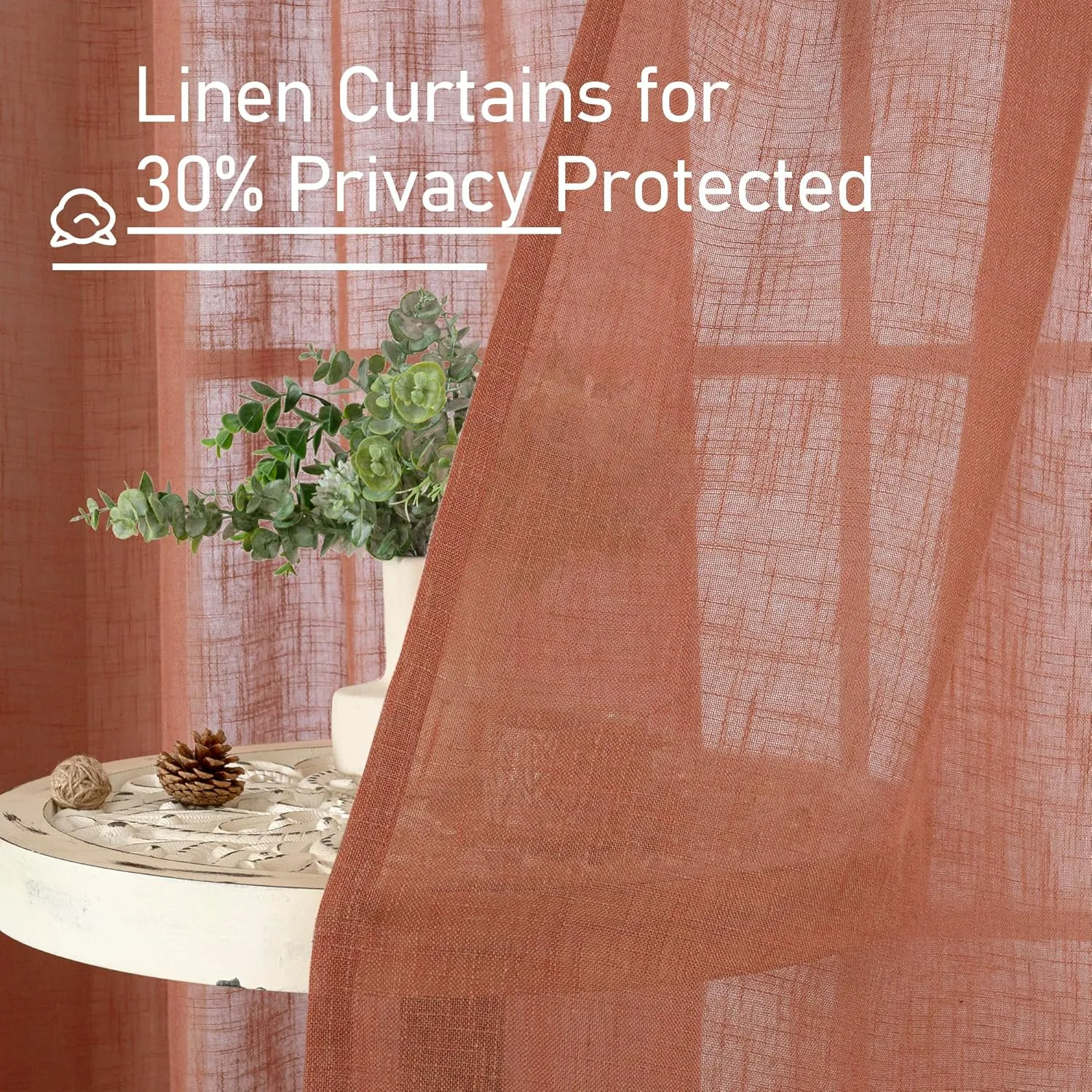 LAMIT Terracotta Linen Curtains 63 Inch for Bedroom, Light Filtering Neutral Semi Sheer Window Boho Curtains Back Tab and Rod Pocket Panels for Living Room, 2 Panels, 52 x 63 Inch