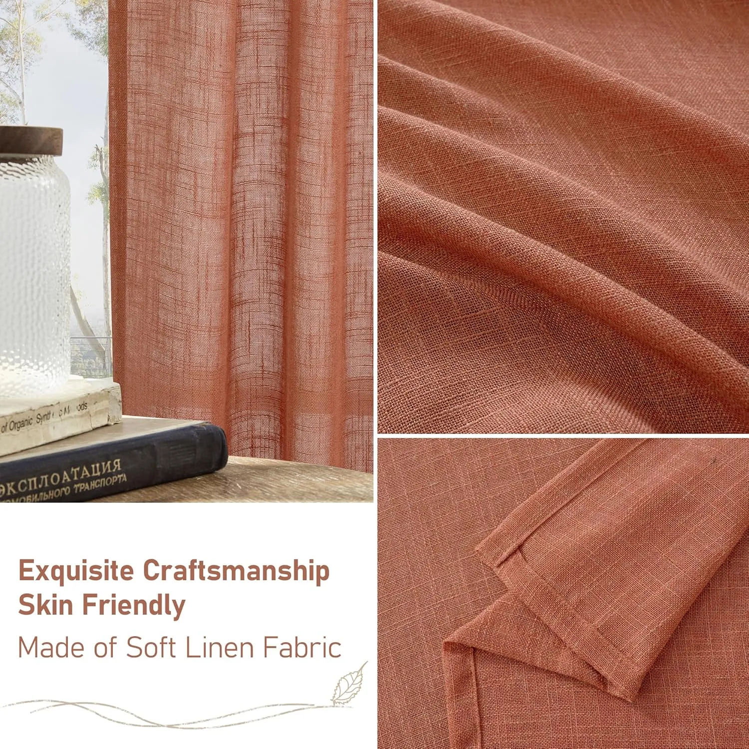 LAMIT Terracotta Linen Curtains 63 Inch for Bedroom, Light Filtering Neutral Semi Sheer Window Boho Curtains Back Tab and Rod Pocket Panels for Living Room, 2 Panels, 52 x 63 Inch