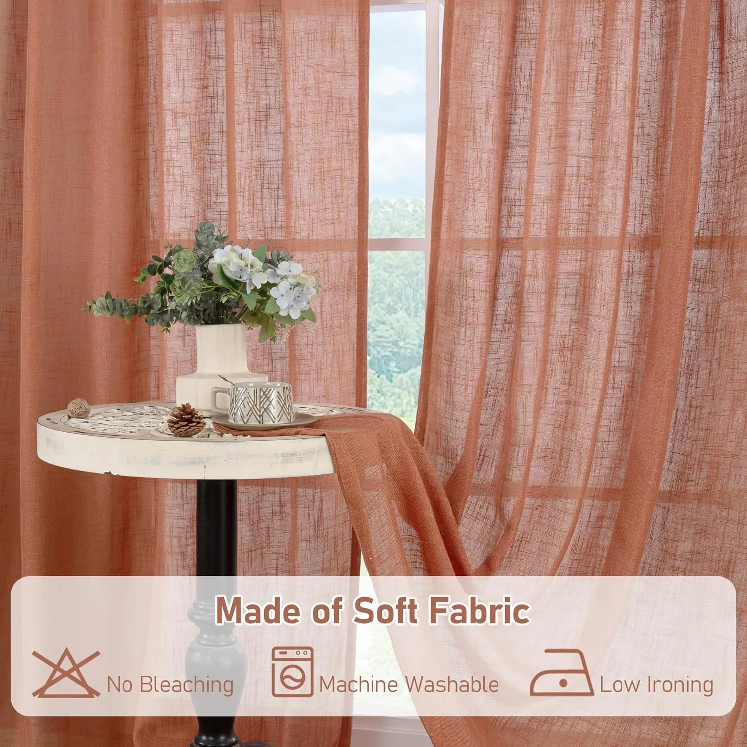 LAMIT Terracotta Linen Curtains 63 Inch for Bedroom, Light Filtering Neutral Semi Sheer Window Boho Curtains Back Tab and Rod Pocket Panels for Living Room, 2 Panels, 52 x 63 Inch