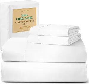 LANE LINEN Eco Friendly 100% Organic Cotton Queen Sheet Set, Soft & Comfy Fully Elasticized 15" Deep Pocket Bed Sheets, Low Pill Naturally Cooling Machine Wash Sábanas Queen- White Bed Sheets