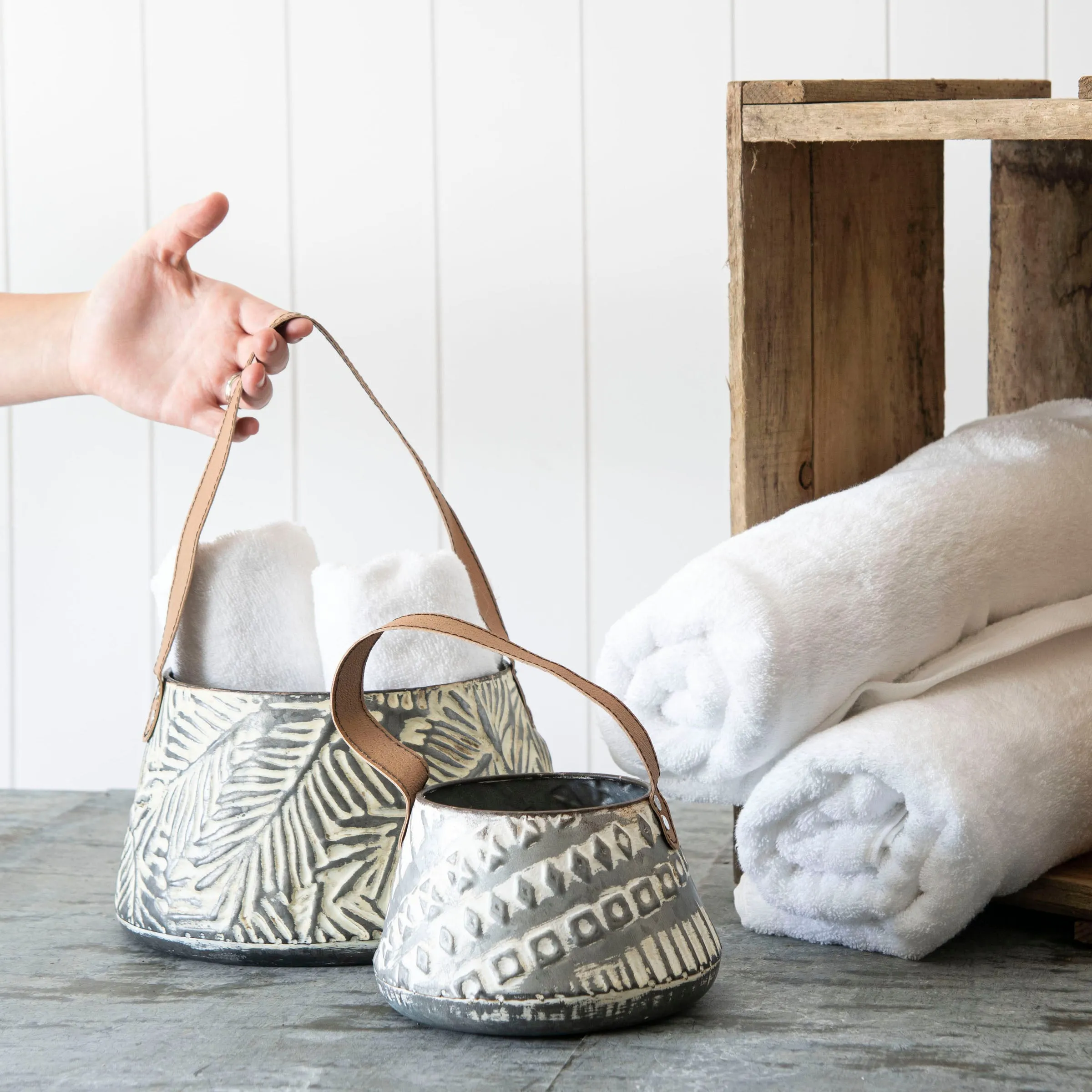 LANGFORD SET OF 2 RUSTIC GRAY STORAGE BASKETS FAUX LEATHER (MIN 2)