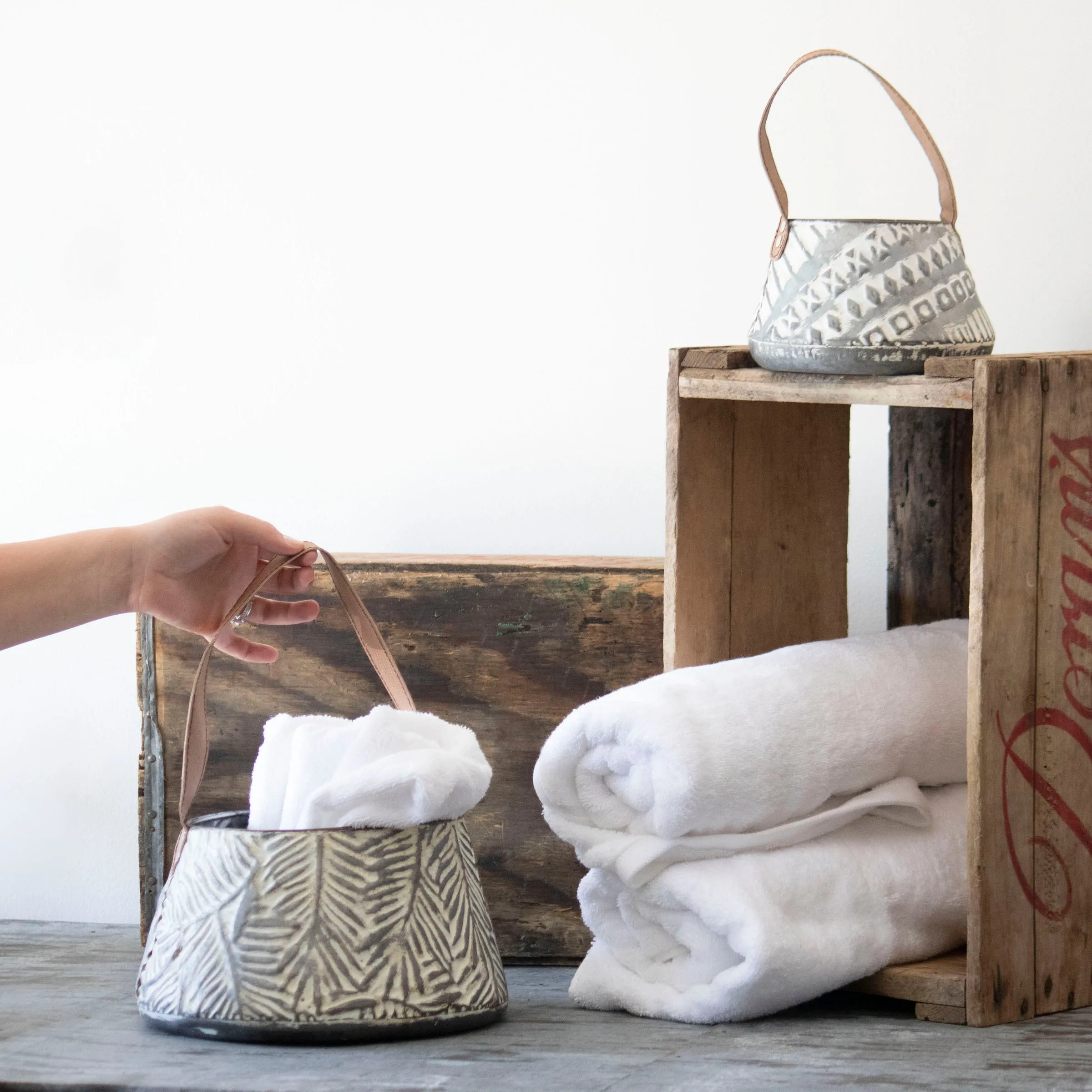 LANGFORD SET OF 2 RUSTIC GRAY STORAGE BASKETS FAUX LEATHER (MIN 2)