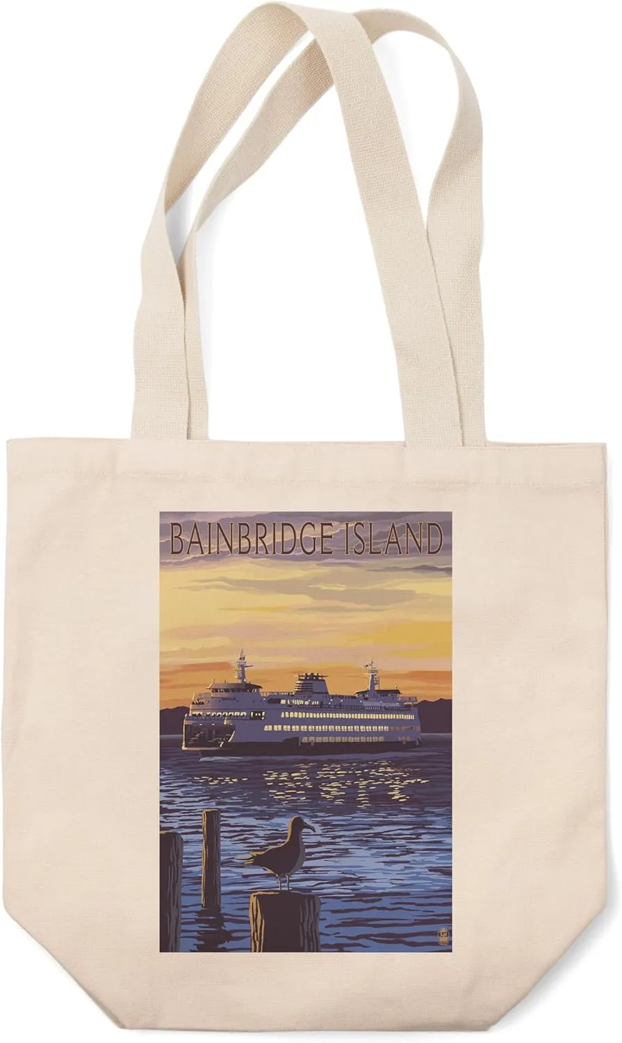 Lantern Press Bainbridge Island, Washington, Ferry Sunset and Gull (100% Cotton Canvas Reusable Tote Bag)