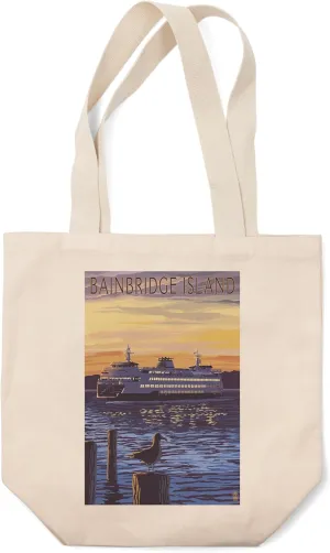 Lantern Press Bainbridge Island, Washington, Ferry Sunset and Gull (100% Cotton Canvas Reusable Tote Bag)