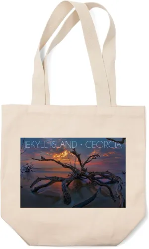 Lantern Press Jekyll Island, Georgia, Driftwood and Sunset (100% Cotton Canvas Reusable Tote Bag)