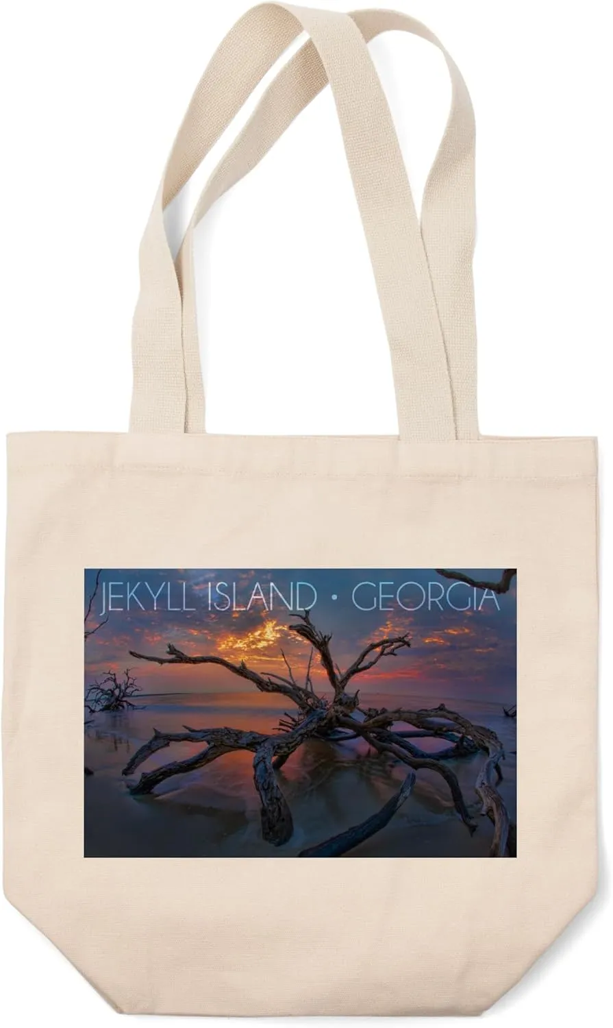 Lantern Press Jekyll Island, Georgia, Driftwood and Sunset (100% Cotton Canvas Reusable Tote Bag)