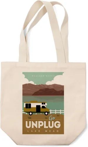 Lantern Press Lake Mead, Nevada, Boulder Beach, Go Unplug (100% Cotton Canvas Reusable Tote Bag)