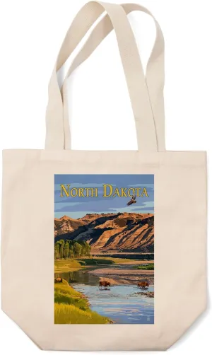 Lantern Press North Dakota, Bison Crossing River (100% Cotton Canvas Reusable Tote Bag)