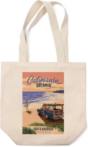 Lantern Press Santa Barbara, California, Woody on Beach, California Dreamin (100% Cotton Canvas Reusable Tote Bag)