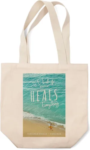 Lantern Press Virginia Beach, Virginia, Ocean Water Heals Everything, Surfer Walking on Beach (100% Cotton Canvas Reusable Tote Bag)