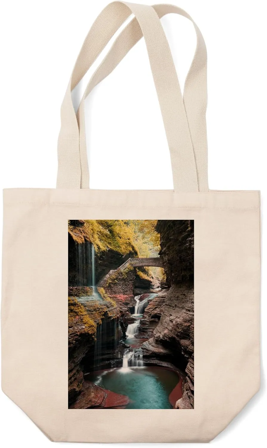 Lantern Press Watkins Glen State Park, New York, Waterfall Scene (100% Cotton Canvas Reusable Tote Bag)