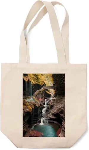 Lantern Press Watkins Glen State Park, New York, Waterfall Scene (100% Cotton Canvas Reusable Tote Bag)
