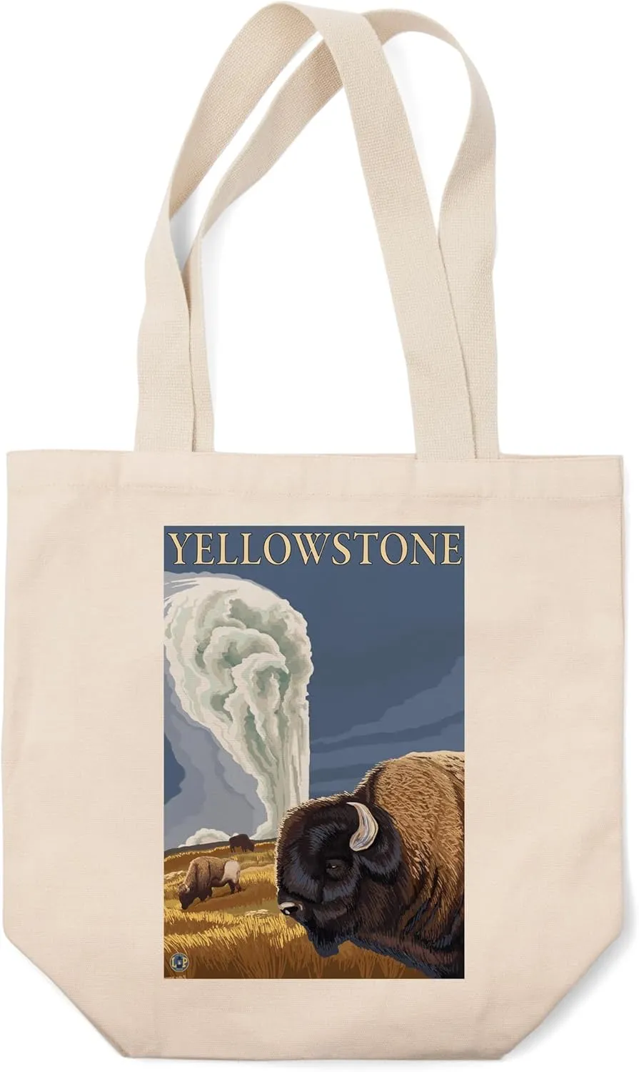Lantern Press Yellowstone National Park, Wyoming, Bison with Old Faithful (100% Cotton Canvas Reusable Tote Bag)