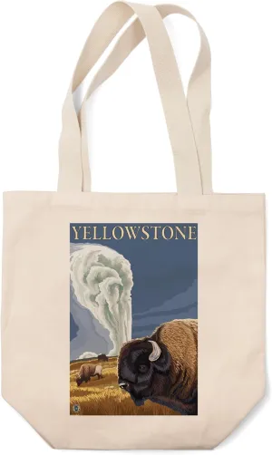 Lantern Press Yellowstone National Park, Wyoming, Bison with Old Faithful (100% Cotton Canvas Reusable Tote Bag)