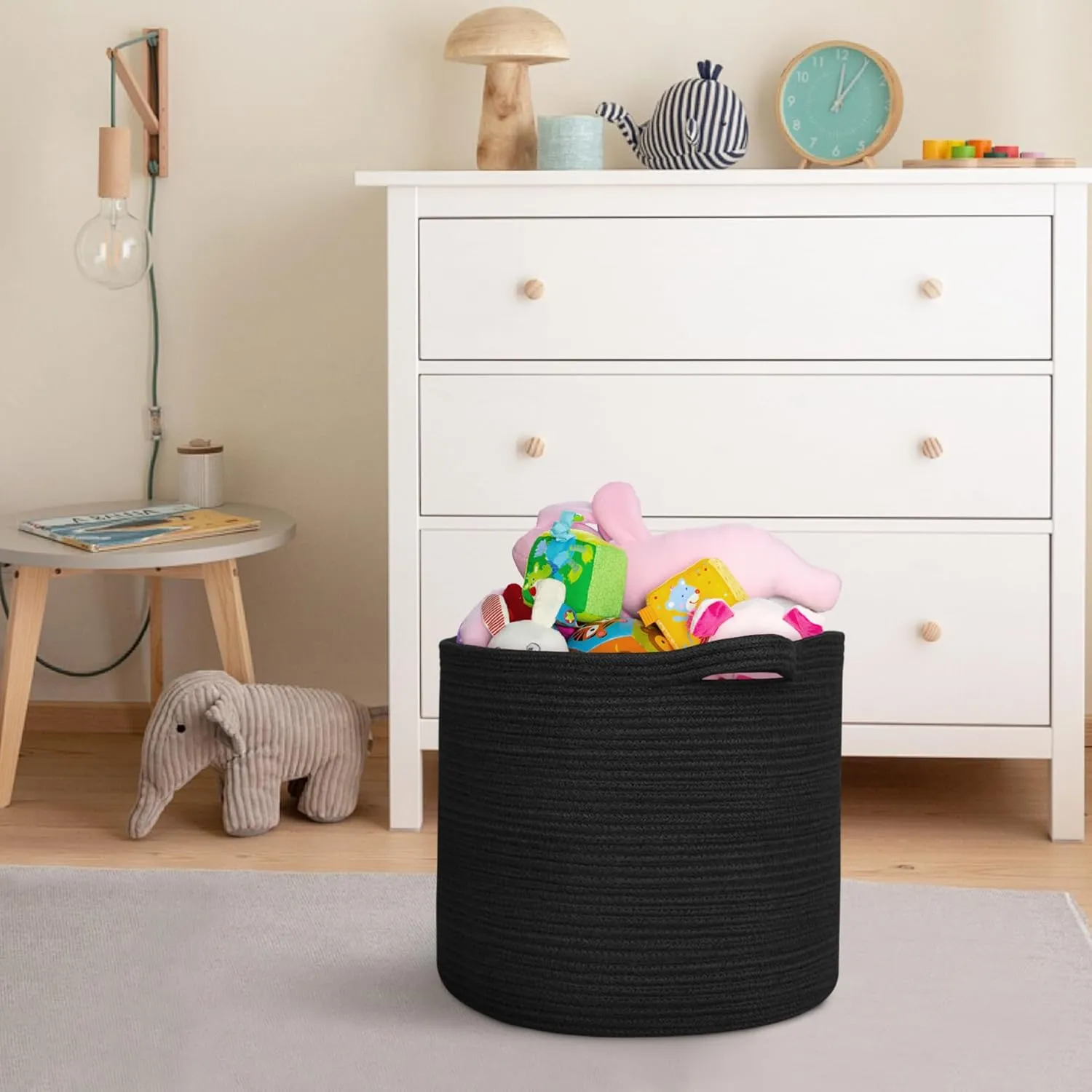 Large Black Storage Basket, 16" x 14" Cotton Rope Baskets for Storage, Blanket Storage Living Room, Big Woven Laundry Basket, Dog Kids Toy Box Organizer, Round Floor Shoe Towel Bin