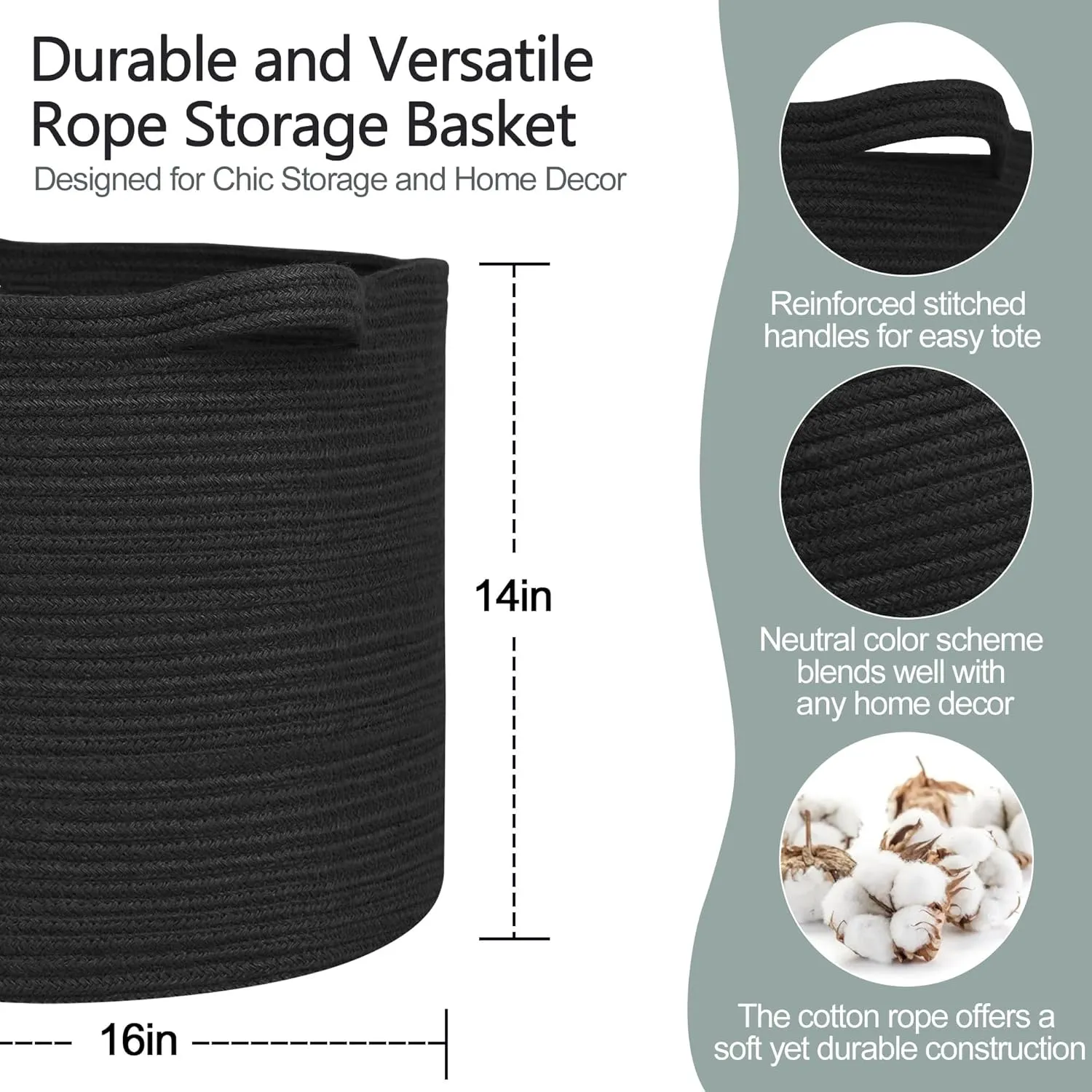 Large Black Storage Basket, 16" x 14" Cotton Rope Baskets for Storage, Blanket Storage Living Room, Big Woven Laundry Basket, Dog Kids Toy Box Organizer, Round Floor Shoe Towel Bin