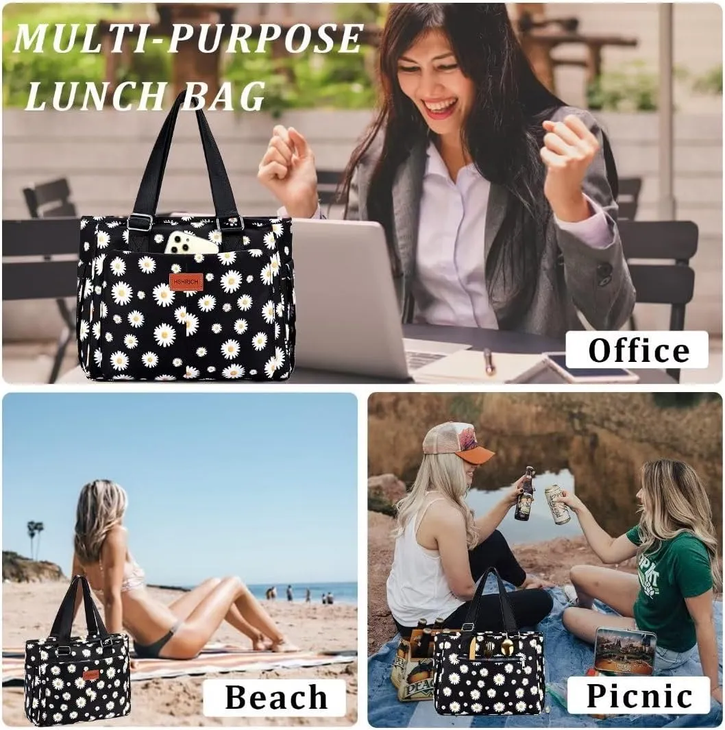 Large Floral Insulated Handbag for Women Work, 12L Leakproof Lunch Cooler Tote with Storage Pocket, Reusable for Picnic Hiking