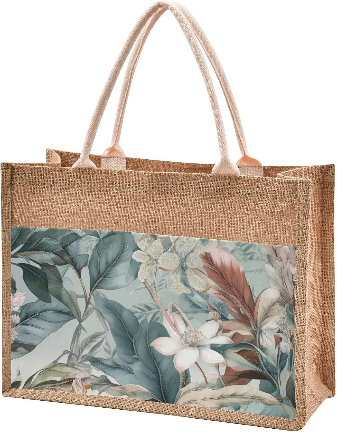 Large Jute Beach Bag Cotton Filled Handle Top Zipper Closure Burlap Tote Handbag 4 Size Pattern 1