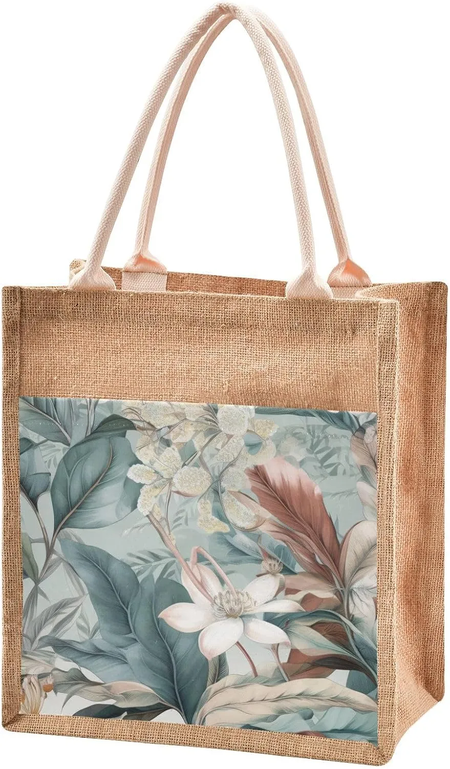 Large Jute Beach Bag Cotton Filled Handle Top Zipper Closure Burlap Tote Handbag 4 Size Pattern 1