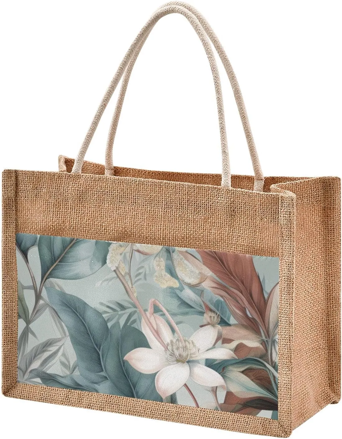 Large Jute Beach Bag Cotton Filled Handle Top Zipper Closure Burlap Tote Handbag 4 Size Pattern 1