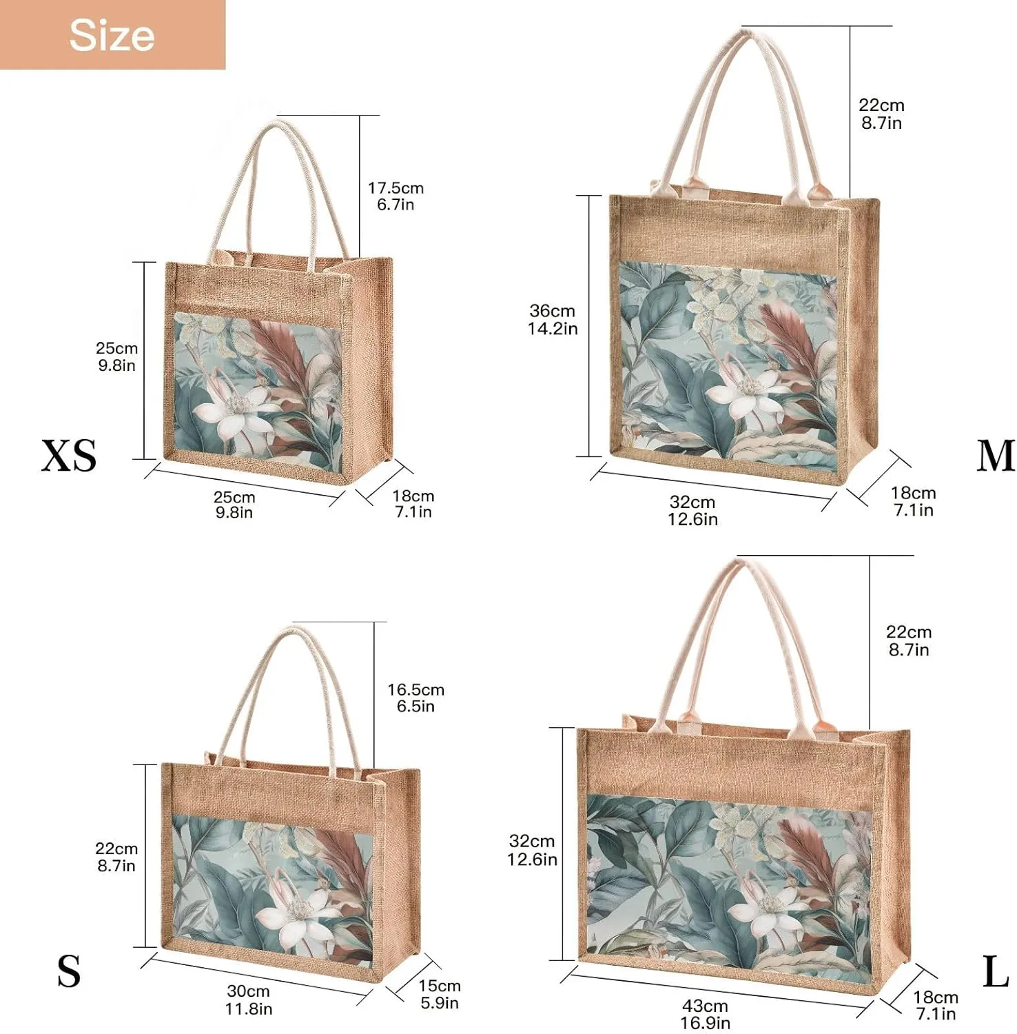 Large Jute Beach Bag Cotton Filled Handle Top Zipper Closure Burlap Tote Handbag 4 Size Pattern 1