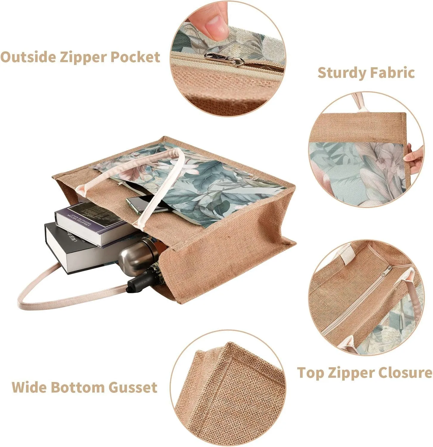 Large Jute Beach Bag Cotton Filled Handle Top Zipper Closure Burlap Tote Handbag 4 Size Pattern 1