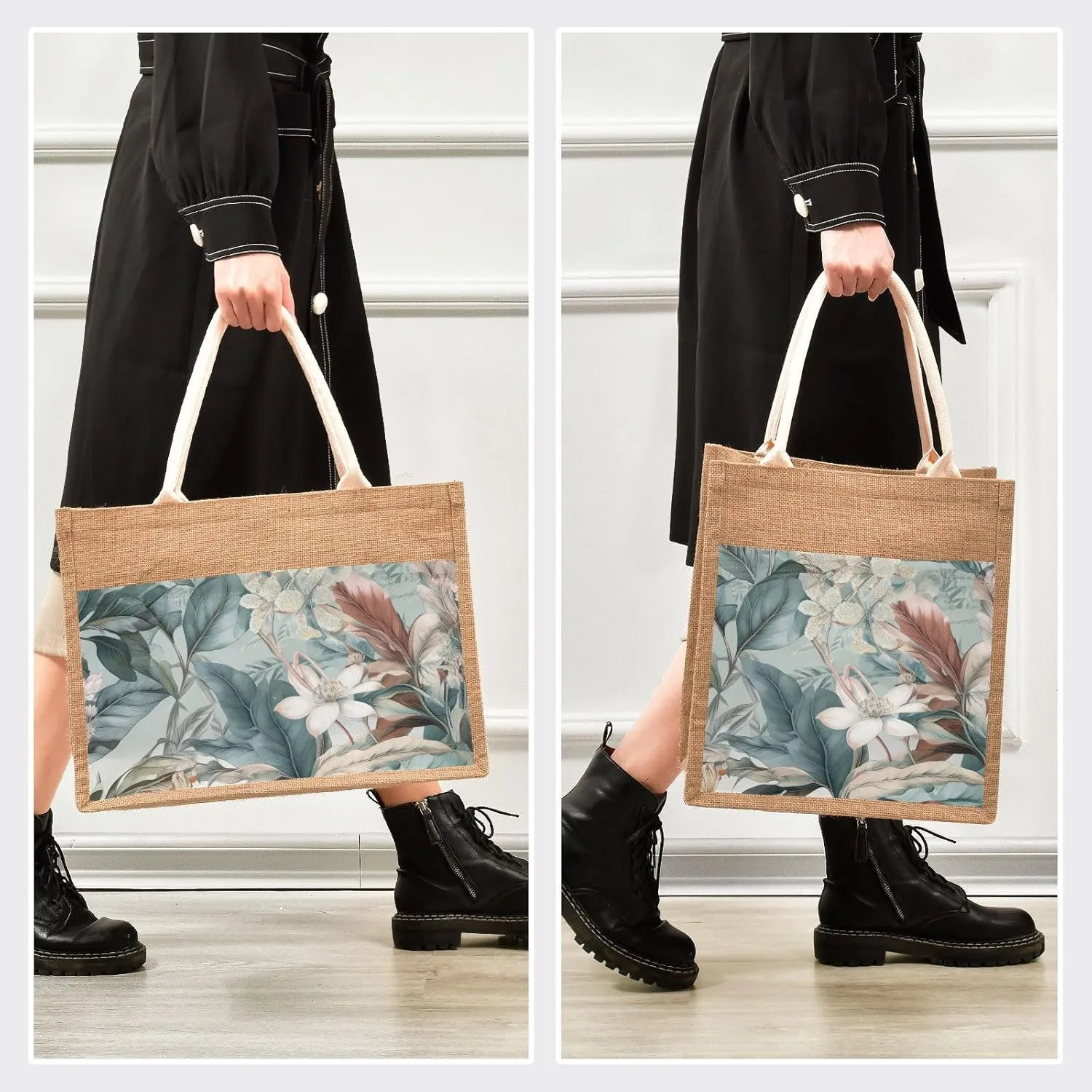 Large Jute Beach Bag Cotton Filled Handle Top Zipper Closure Burlap Tote Handbag 4 Size Pattern 1