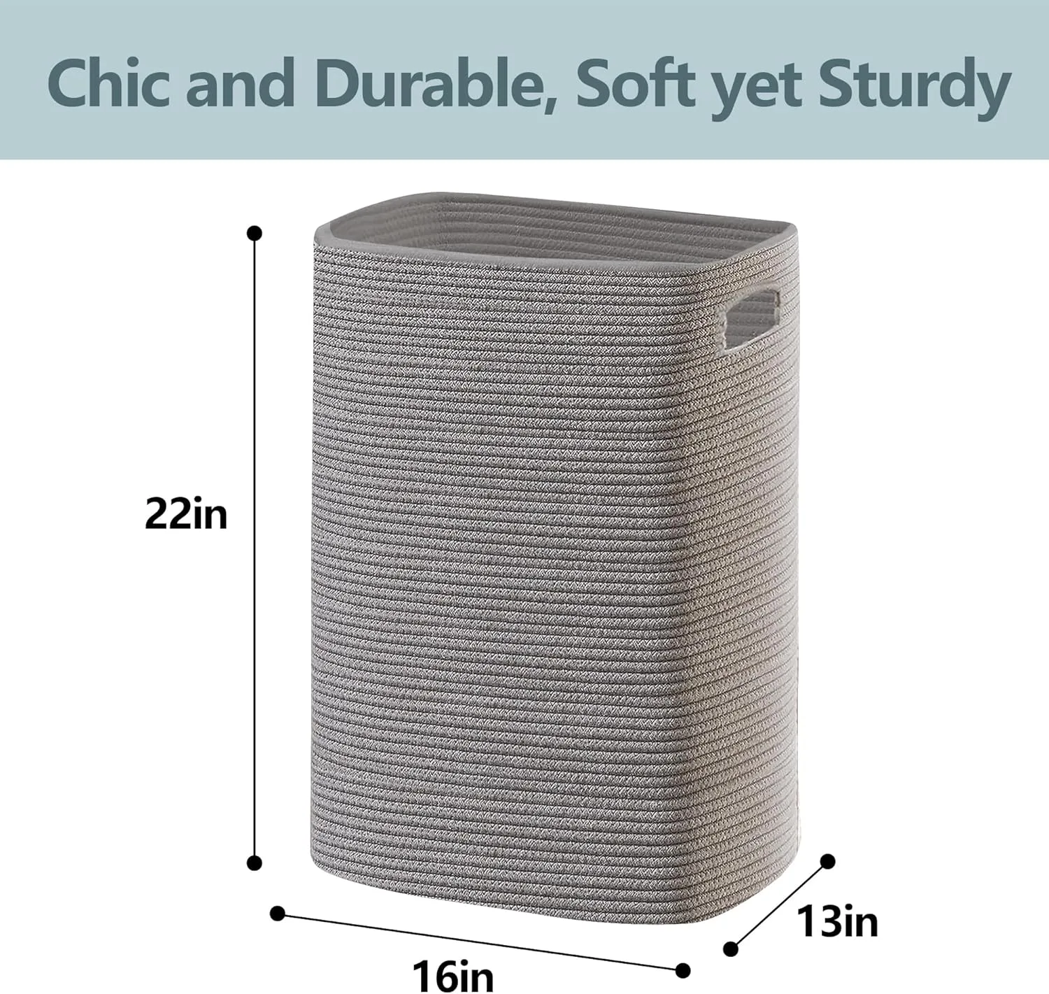Large Laundry Hamper 16"x13"x22" - Tall Woven Laundry Basket, Cotton Rope Dirty Clothes Hamper, Baby Kids Nursery Wicker Laundry Basket, Bedroom Aesthetic, Soft Laundry Bin, Gray Hamper, 75L