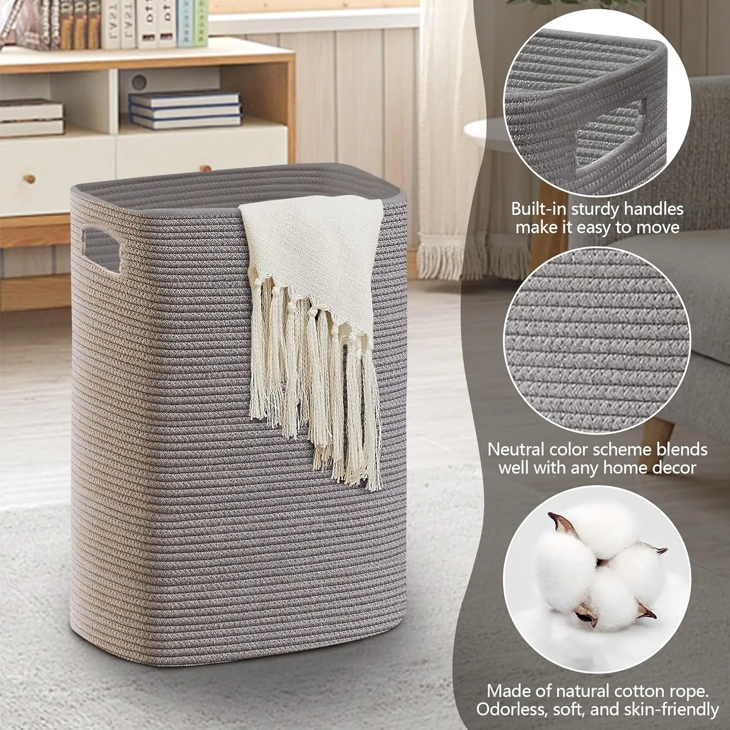 Large Laundry Hamper 16"x13"x22" - Tall Woven Laundry Basket, Cotton Rope Dirty Clothes Hamper, Baby Kids Nursery Wicker Laundry Basket, Bedroom Aesthetic, Soft Laundry Bin, Gray Hamper, 75L