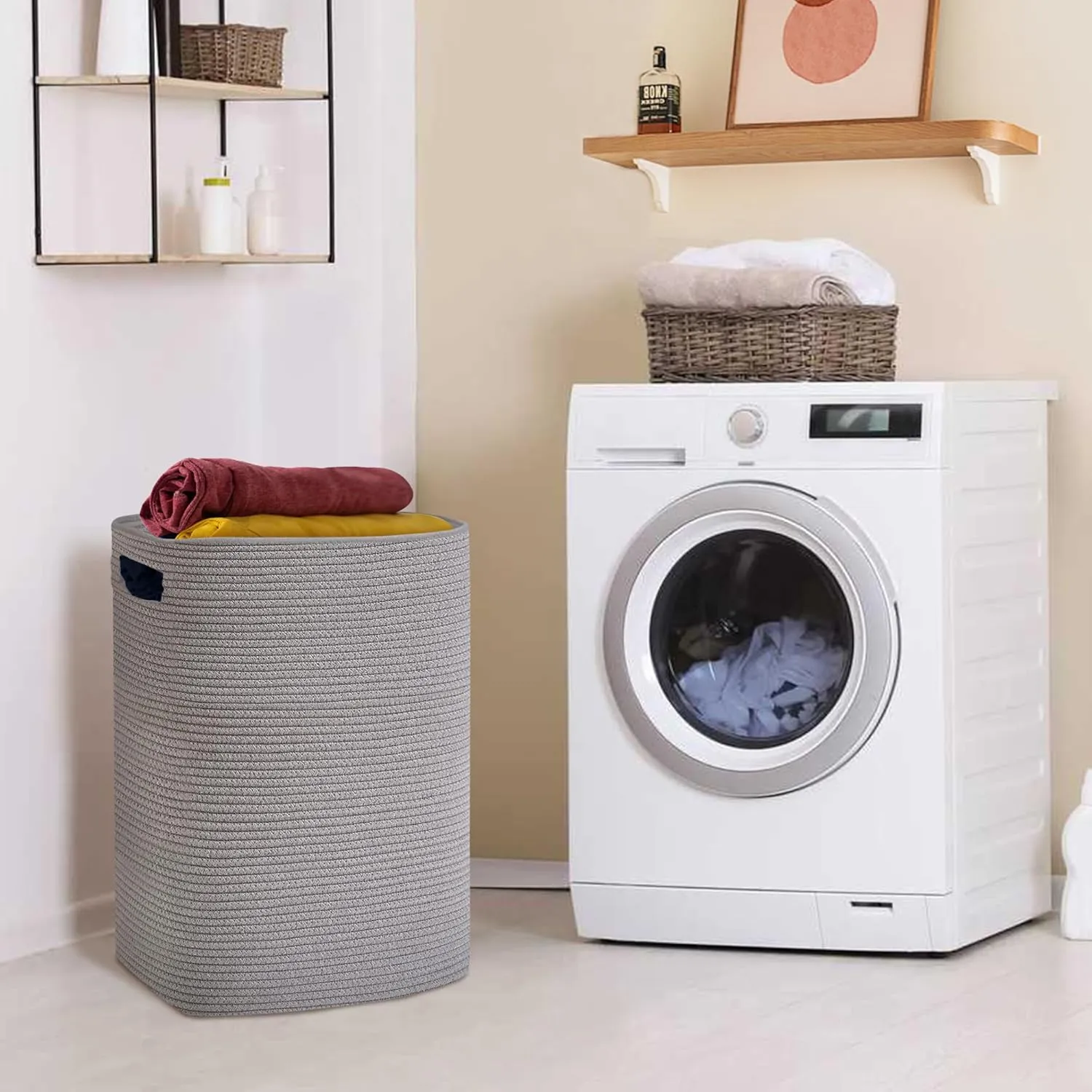 Large Laundry Hamper 16"x13"x22" - Tall Woven Laundry Basket, Cotton Rope Dirty Clothes Hamper, Baby Kids Nursery Wicker Laundry Basket, Bedroom Aesthetic, Soft Laundry Bin, Gray Hamper, 75L
