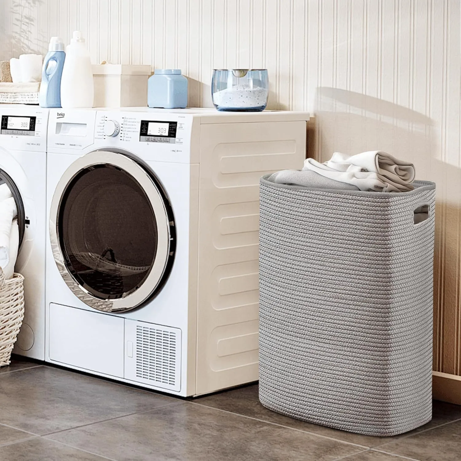 Large Laundry Hamper 16"x13"x22" - Tall Woven Laundry Basket, Cotton Rope Dirty Clothes Hamper, Baby Kids Nursery Wicker Laundry Basket, Bedroom Aesthetic, Soft Laundry Bin, Gray Hamper, 75L