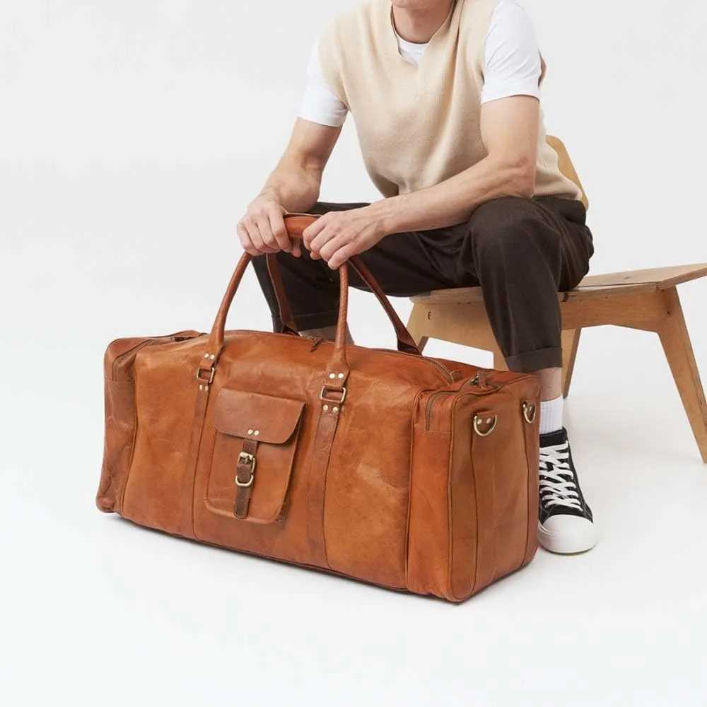 Large Leather Duffle Bag, Spacious Interior, Compartments, Versatile Storage (24 Inches)