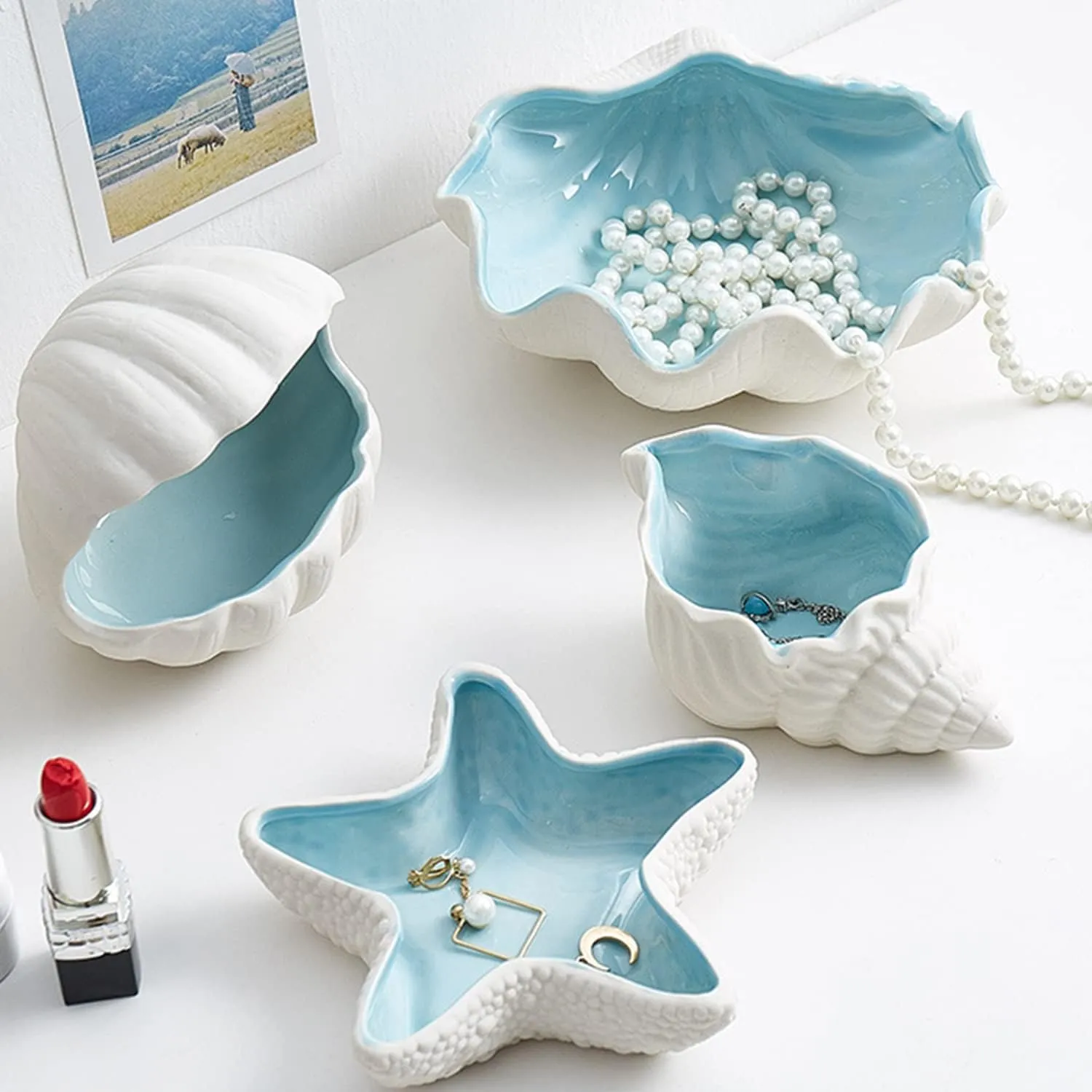 Large Shell Jewelry Dish Tray Ceramic Shell Ring Holder 6.7" x 7" x 2.4" inches Seashell Bowl Cute Jewelry Organize Key Storage Tray Decorative Trays for Home Decor Porcelain Jewelry Deco