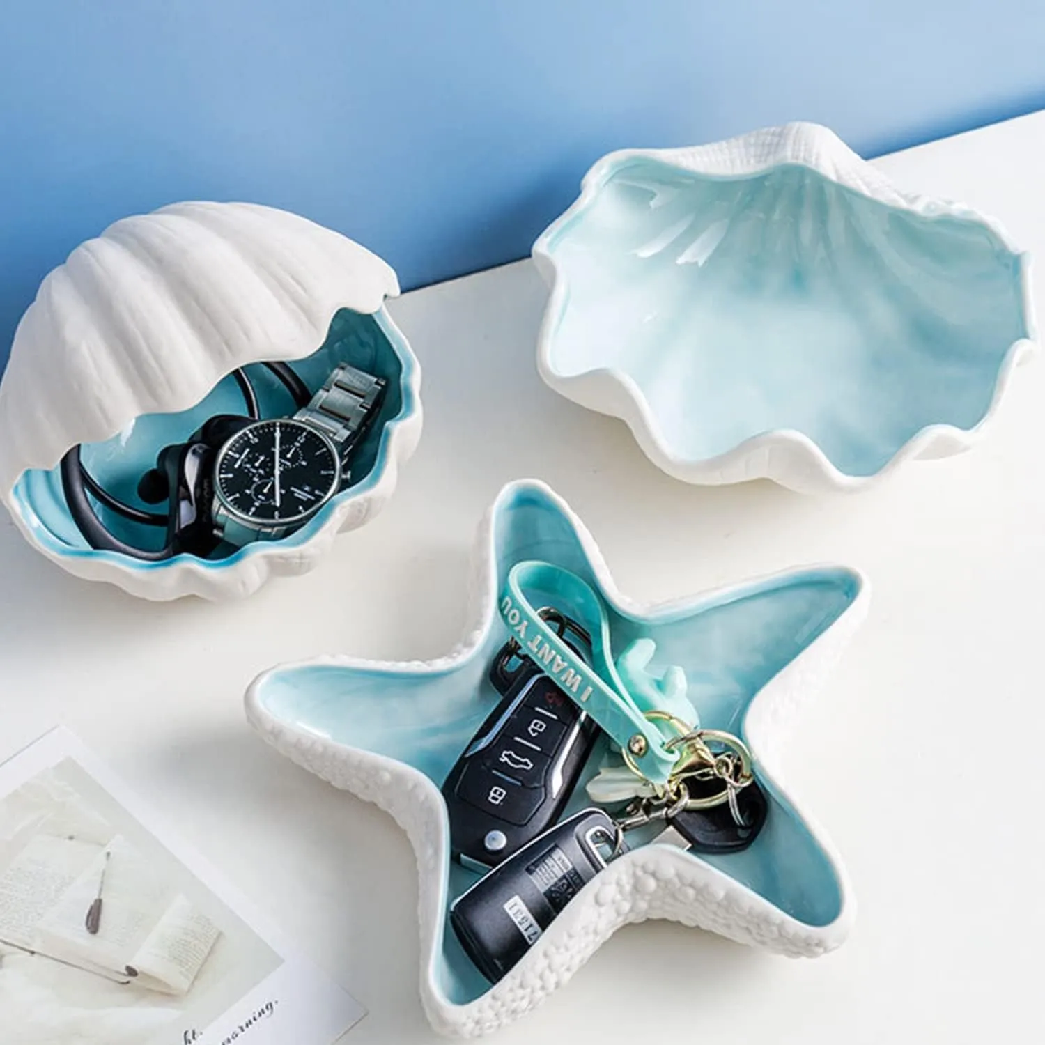 Large Shell Jewelry Dish Tray Ceramic Shell Ring Holder 6.7" x 7" x 2.4" inches Seashell Bowl Cute Jewelry Organize Key Storage Tray Decorative Trays for Home Decor Porcelain Jewelry Deco