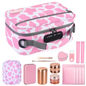 Large Smell Proof Bag with 11 Small Items by BOYISTARG, Portable Smell Proof Storage Case with Combination Lock for Home and Travel(Cute Cow Print) Pink and White