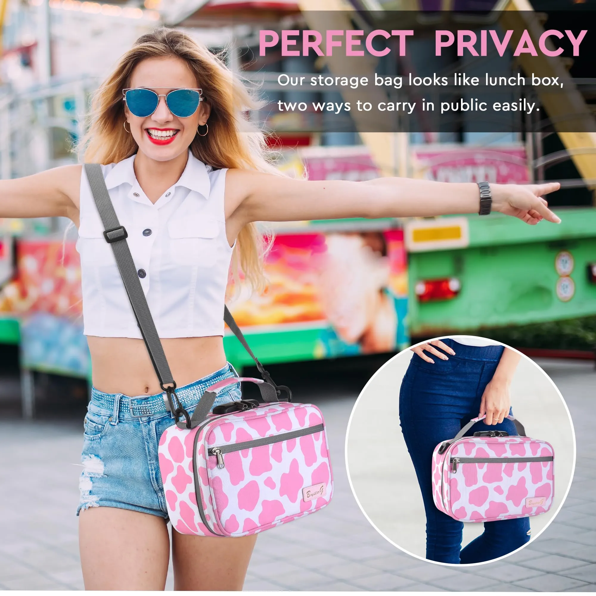 Large Smell Proof Bag with 11 Small Items by BOYISTARG, Portable Smell Proof Storage Case with Combination Lock for Home and Travel(Cute Cow Print) Pink and White