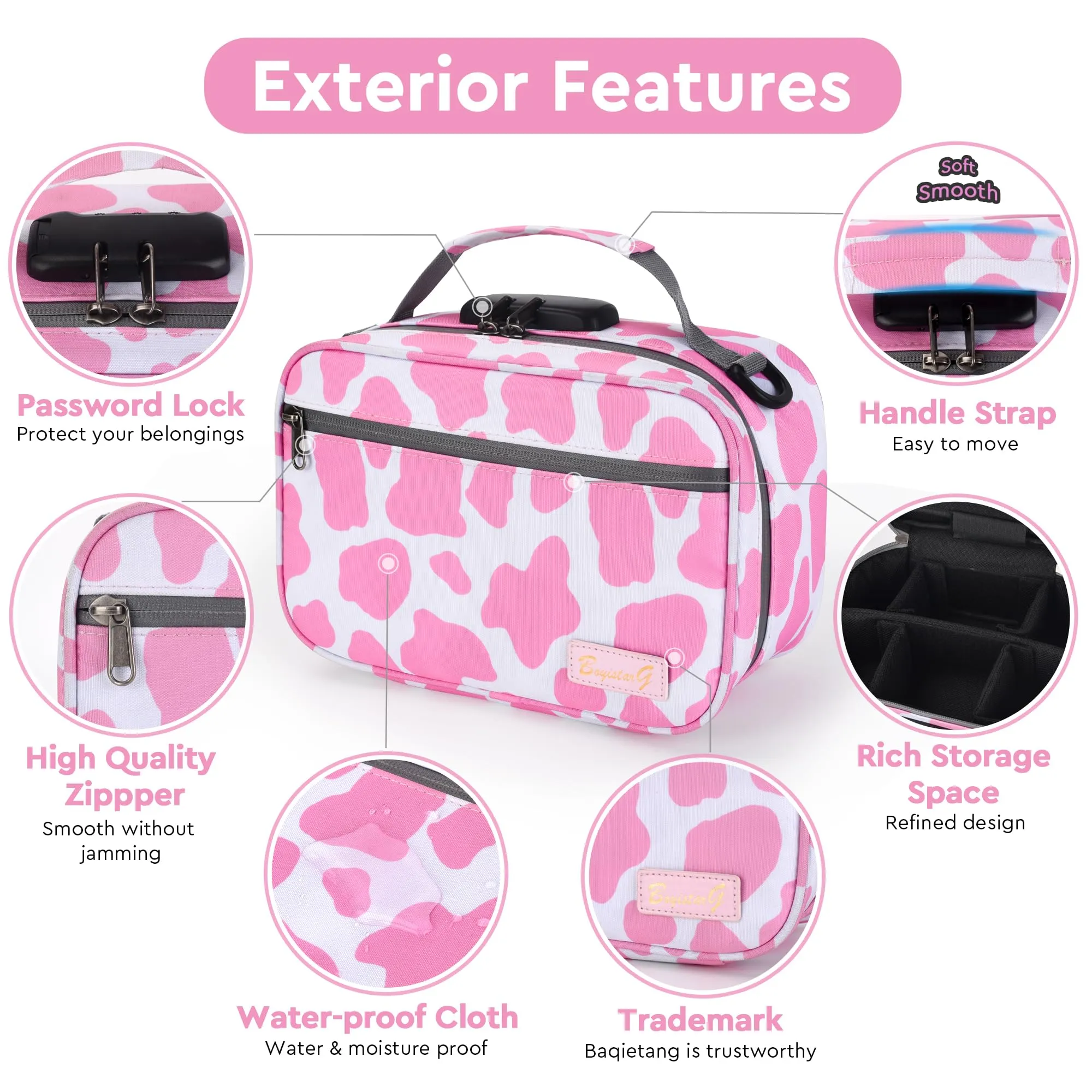 Large Smell Proof Bag with 11 Small Items by BOYISTARG, Portable Smell Proof Storage Case with Combination Lock for Home and Travel(Cute Cow Print) Pink and White