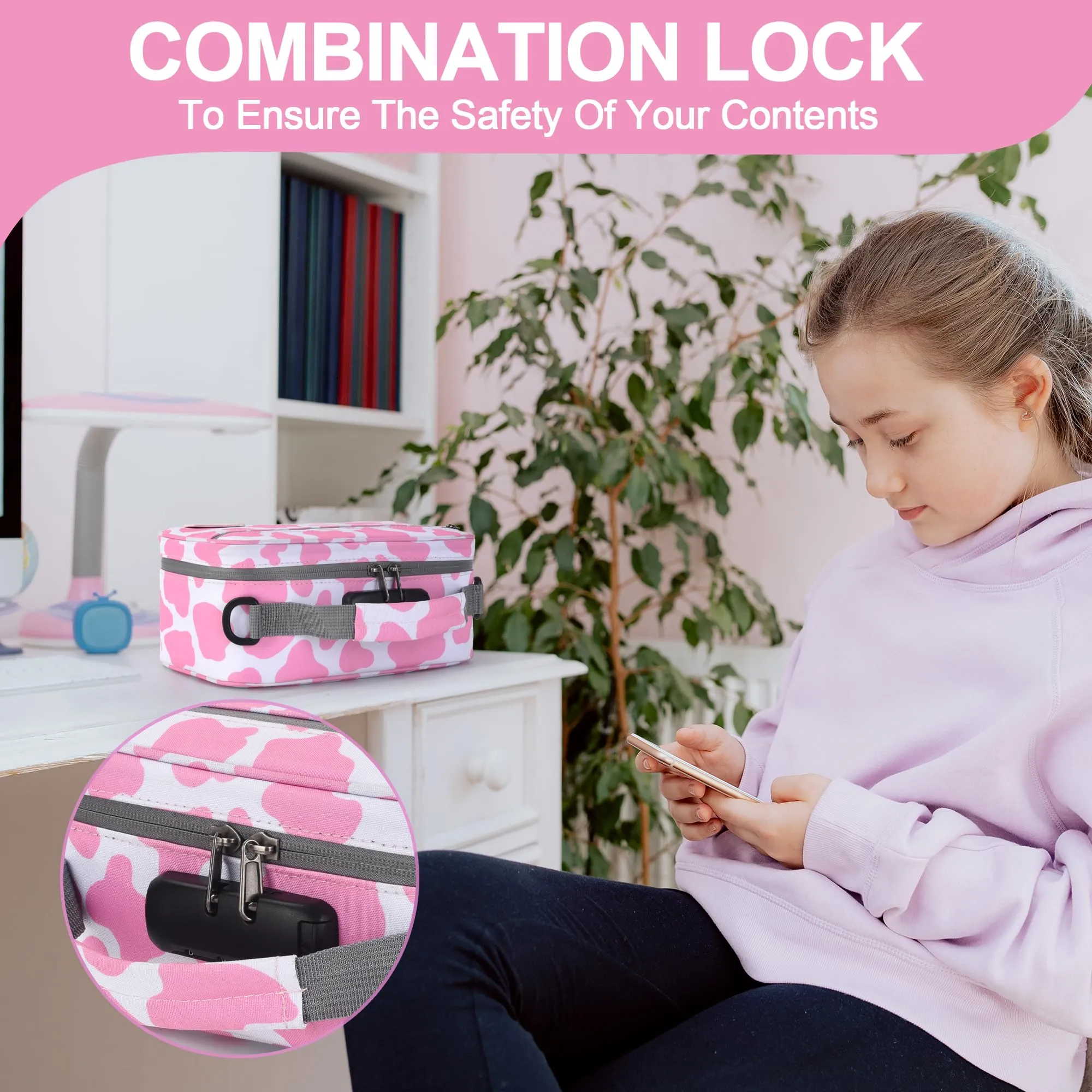 Large Smell Proof Bag with 11 Small Items by BOYISTARG, Portable Smell Proof Storage Case with Combination Lock for Home and Travel(Cute Cow Print) Pink and White
