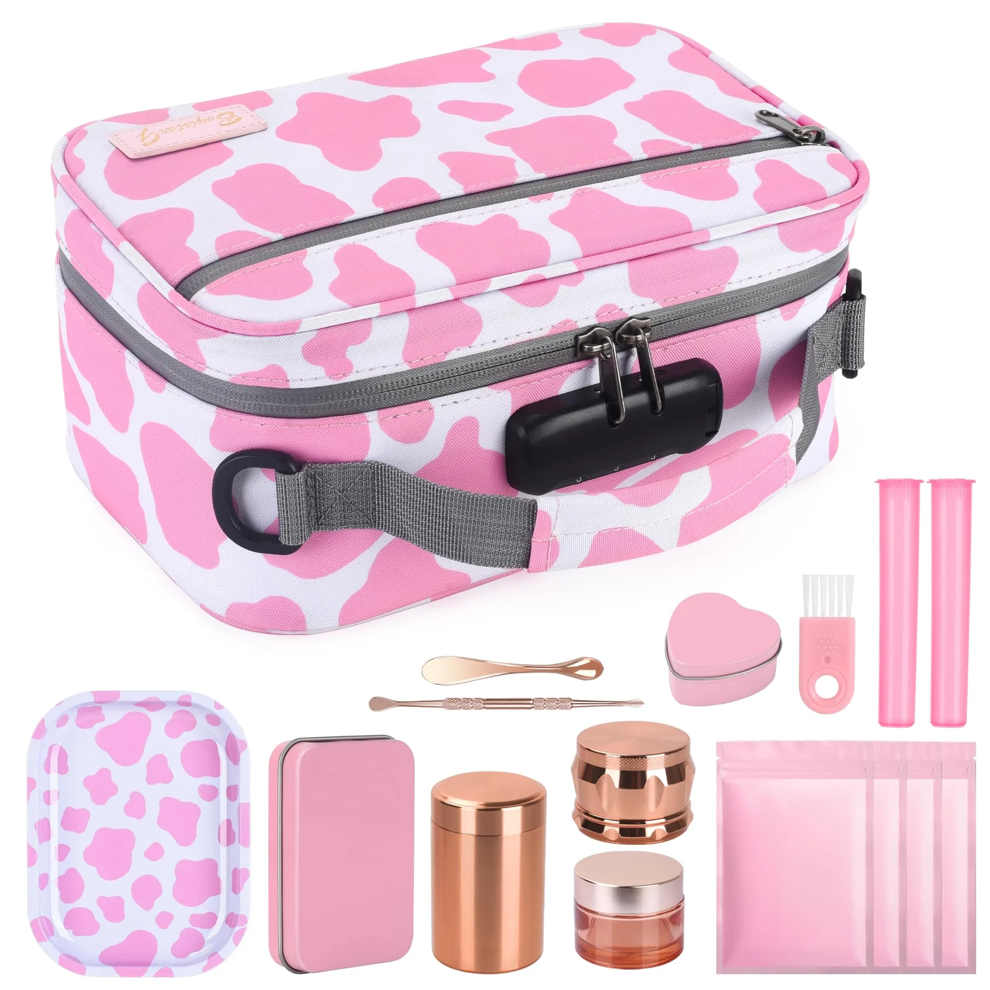 Large Smell Proof Bag with 11 Small Items by BOYISTARG, Portable Smell Proof Storage Case with Combination Lock for Home and Travel(Cute Cow Print) Pink and White