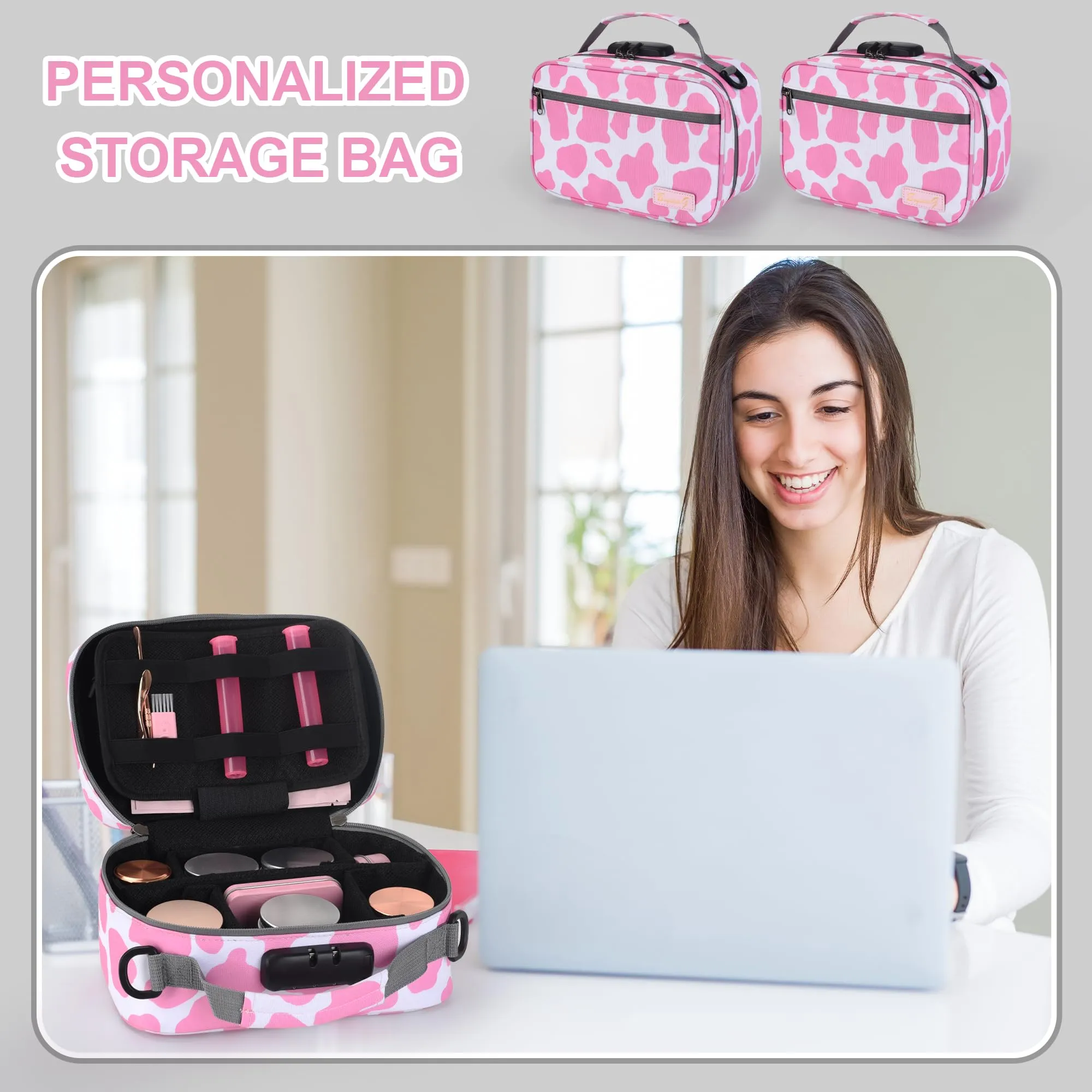 Large Smell Proof Bag with 11 Small Items by BOYISTARG, Portable Smell Proof Storage Case with Combination Lock for Home and Travel(Cute Cow Print) Pink and White