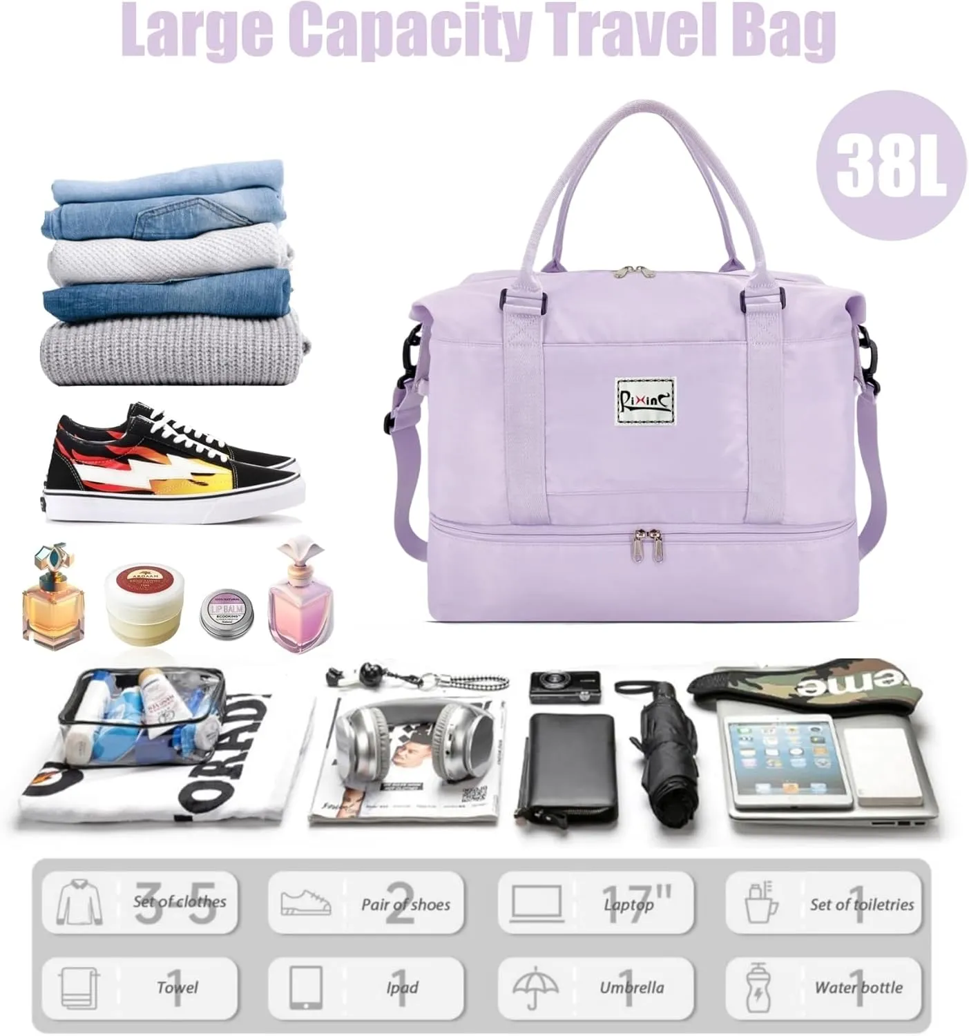 Large Travel Duffle Bag Weekender Bags for Women with Shoes Compartment, Travel Duffel Tote Carry on Overnight Bag for Travel Business Trips, Sport Yoga Gym Bag with Wet Pocket (Purple)
