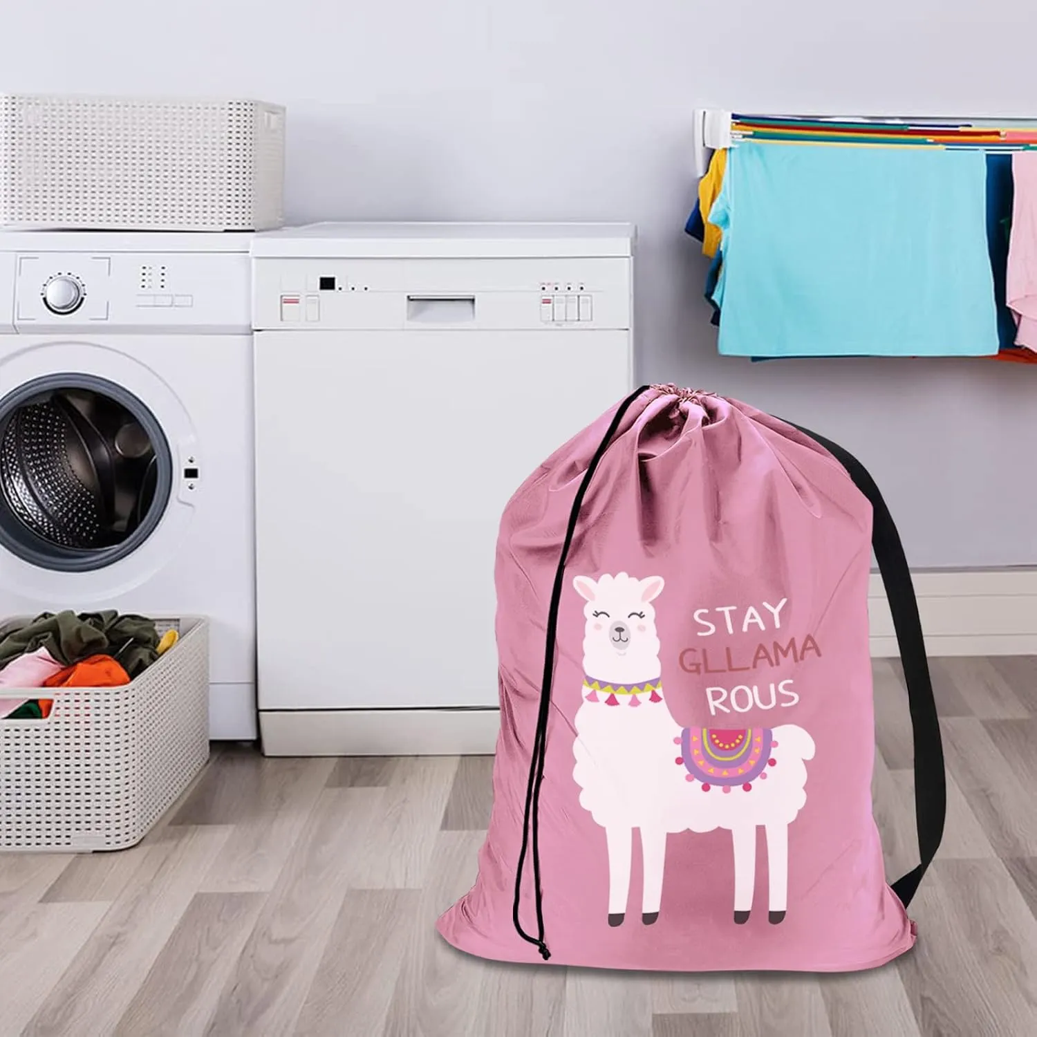 Laundry Bag with Cute Alpaca Pattern, Canvas Laundry Bag with Strap, Dirty Laundry Travel Bag, Dirty Clothes Bag For Traveling, Fit Laundry Hamper or Basket, Llama Gifts for Girls