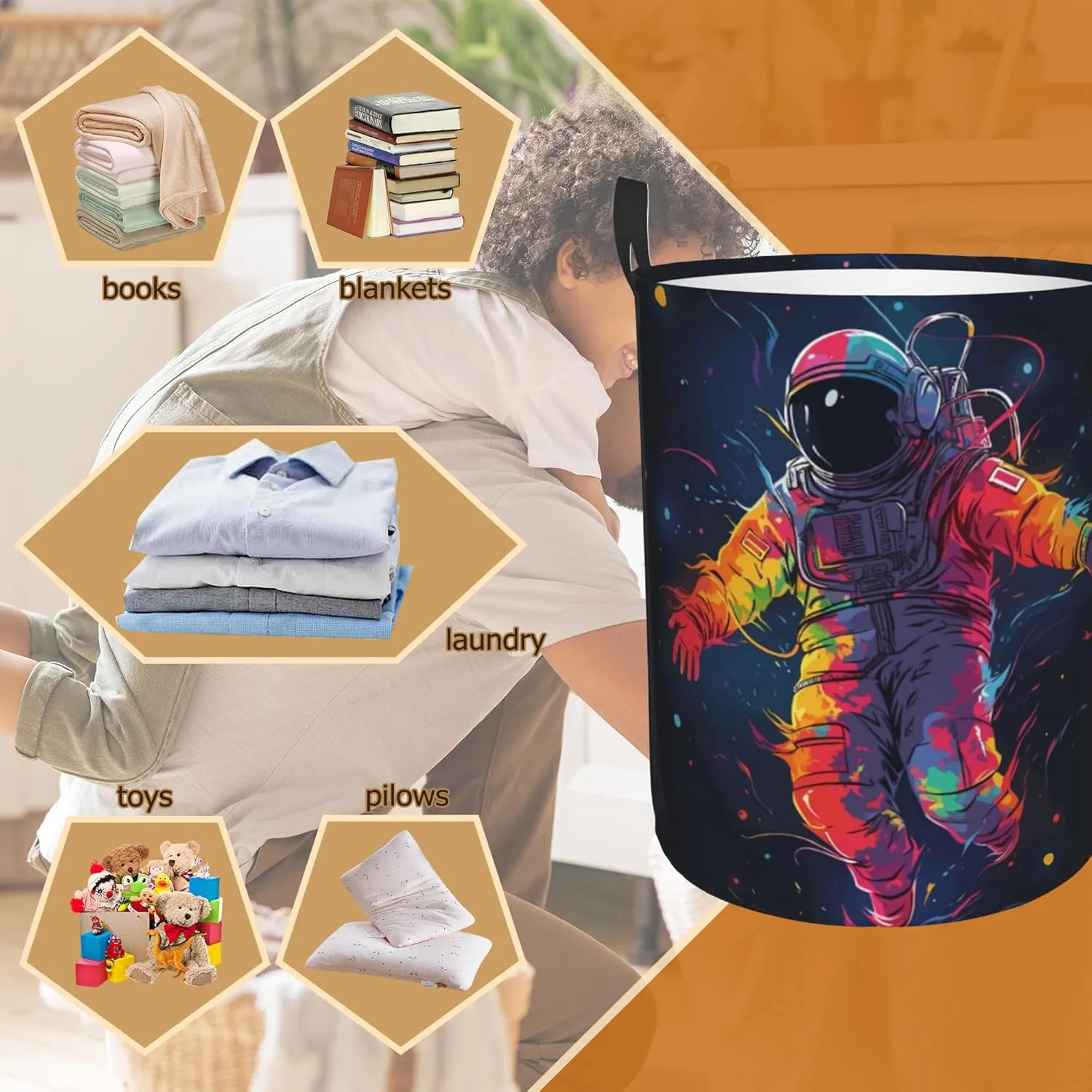 Laundry Basket,Astronaut Laundry Hamper Space Universe Planet Collapsible Organizer Basket,Toy Storage Bin Room Decor Gift Clothes Baskets,Bedroom Children Nursery Hamper 16x20 Inch