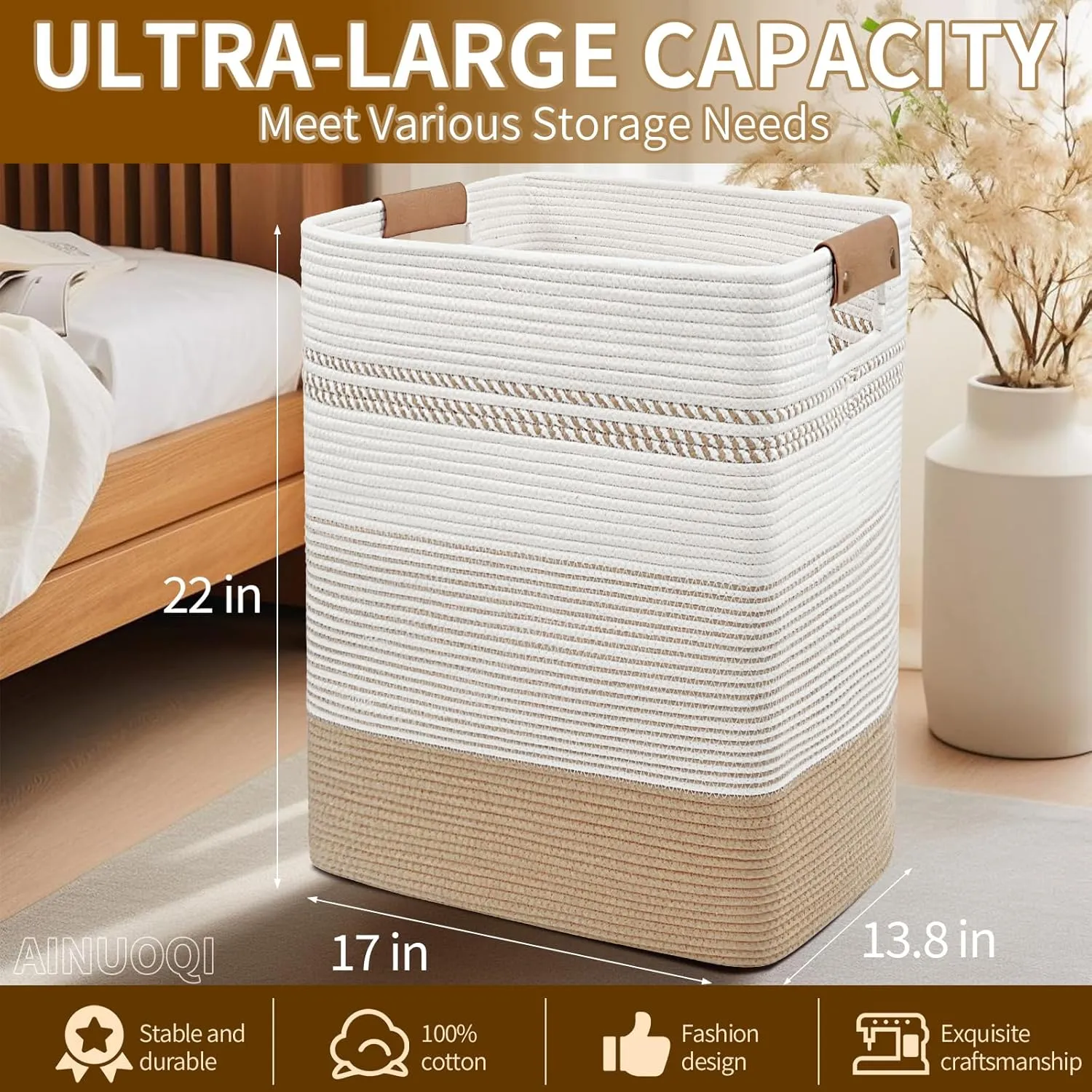 Laundry Hamper - 85L Large Laundry Basket with Leather Handles, Decorative Storage Basket for Blankets - Cotton Rope Woven Baskets for Storage, Clothes Hamper for Living Room, Jute & White