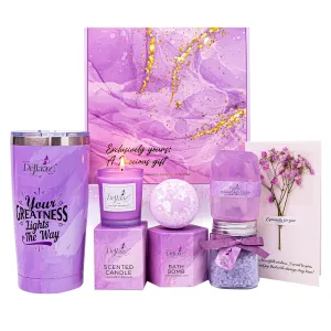 Lavender Spa Gift Set for Women 6pcs - Includes Candle, Handmade Soap, Bath Bomb, Bath Salts, Tumbler & Greeting Card - Ideal Gift for Birthdays, Mother’s Day, Christmas, or Special Occasions