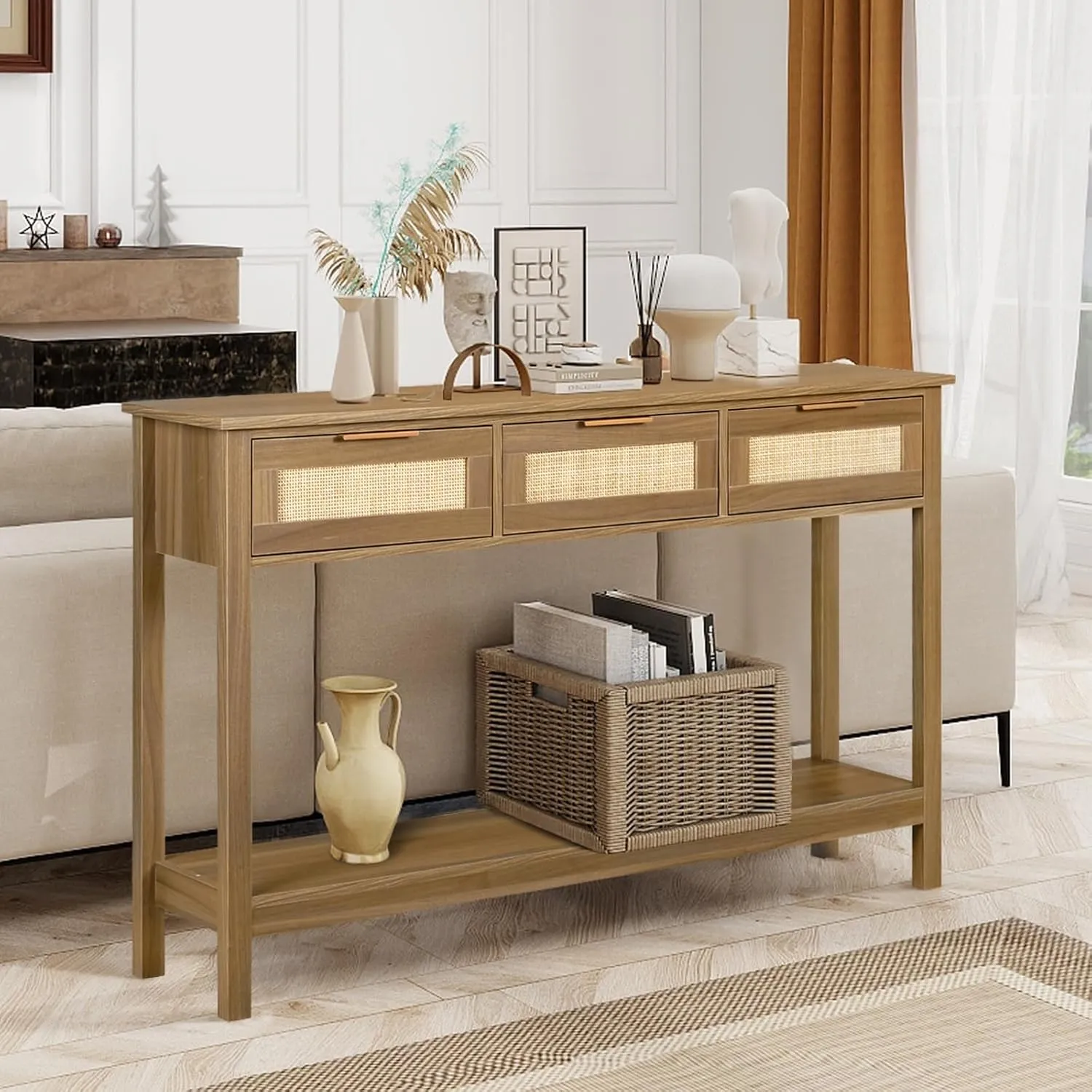 LAZZO Rattan Console Table Boho Entryway Table Narrow Long Sofa Table Hallway Foyer Table Behind Couch Table with 3 Drawers and Open Storage Shelf for Living Room and Corridor Brown