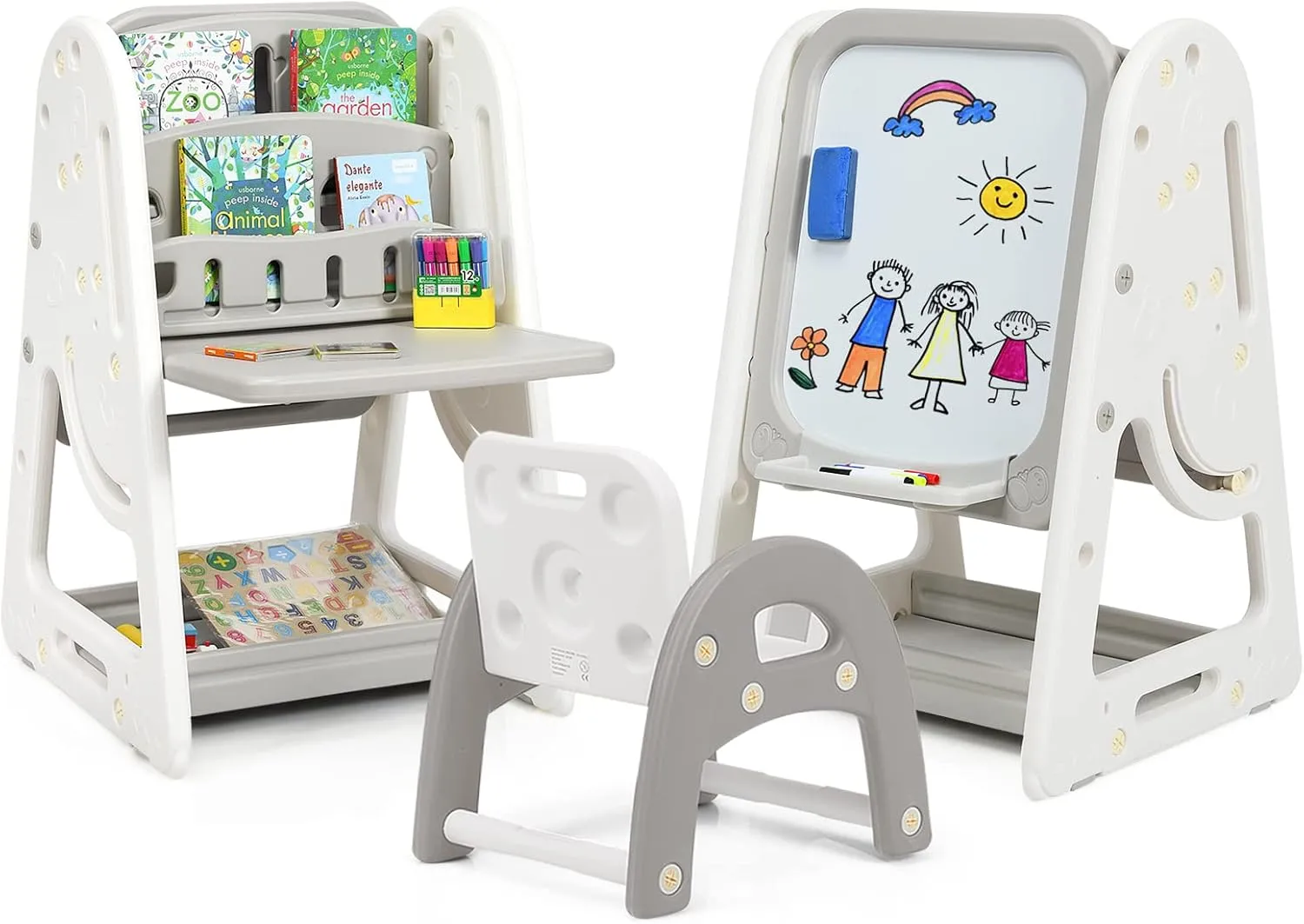 LDAILY Kids Art Easel, 4-in-1 Standing Drawing Board with Chair, Eraser, Markers, Letter and Number Magnets Set, Double-Sided Art Adjustable Magnetic Dry Erase Board (Grey)