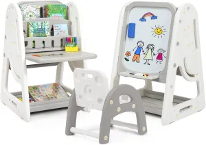 LDAILY Kids Art Easel, 4-in-1 Standing Drawing Board with Chair, Eraser, Markers, Letter and Number Magnets Set, Double-Sided Art Adjustable Magnetic Dry Erase Board (Grey)